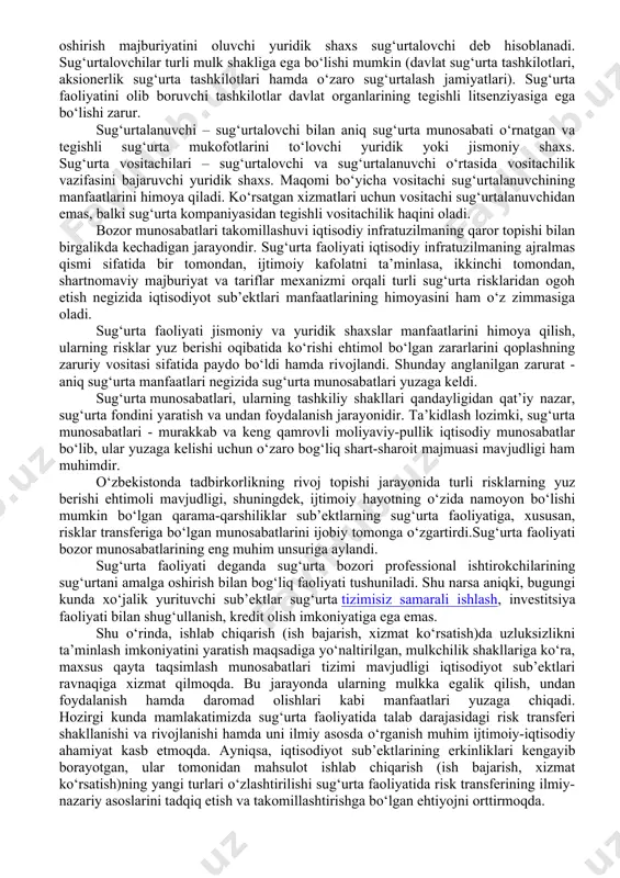 anishi. bu sug‘urtaning asosiy belgisi bo‘lib, hududlar bo‘yicha sug‘urta fondini sug‘urtalangan xo‘jaliklar o‘rtasida taqsimlash uchun katta hudud va ko‘plab sug‘urtalanishi mumkin bo‘lgan ob’ektlar zarur bo‘lishi talab etiladi. zararlarni ma’lum bir vaqtda taqsimlanishi sug‘urta hodisalarini tasodifiy ro‘y berish xarakteriga ega ekanligidan kelib chiqadi. qator yillar mobaynida favqulodda hodisalar ehtimol ro‘y bermasligi mumkin. bu holat sug‘urta hodisalari sodir bo‘lmagan vaqtda tegishli miqdorda sug‘urta zahiralarini tashkil etishni talab qiladi. sug‘urta fondlariga jalb etilgan sug‘urta mukofotlarini qaytarib berish. sug‘urta mukofotlari sug‘urta tarifi asosida aniqlanadi. sug‘urta tarifi ikki qismdan iborat bo‘lib, netto-stavka (sug‘urta hodisalari ro‘y berganda zararlarni qoplashga ishlatiladi) va netto-stavkaga ustamalardir (sug‘urta kompaniyasi ishini tashkil etish bilan bog‘liq xarajatlar qoplanadi). netto-stavka, asosan, sug‘urta hodisasi ro‘y berganda sug‘urtalanuvchiga qaytarib beriladi. o‘zbekiston respublikasining fuqarolik kodeksiga muvofiq, majburiy sug‘urta turlariga doir sug‘urta shartlari qonun hujjatlarida belgilab qo‘yilgan. ixtiyoriy sug‘urtalashga doir sug‘urta tariflarining miqdori tomonlarning kelishuviga muvofiq belgilanadi. sug‘urta fondi mablag‘larining faqat shu fondni tashkil etishda qatnashgan sub’ektlar …