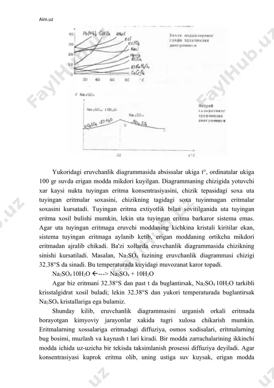 itma butun idish ichida bir xil konsentrasiyaga erishadi. eritmalarda diffuziya xodisasini puxta urganish natijasida tubandagi konuniyatlar chikarilgan. 1. eritmalarda diffuziya juda sust boradi. 2. diffuziya tufayli zarrachalar konsentrasiyasi yukori bulgan joydan konsentrasiyasi kam bulgan joyga utadi, nixoyat sistema bir xil konsentrasiyaga erishadi. 3. eritmalarda diffuziya tufayli ogirlik kuchi xam yengiladi: xar kanday ogir tuz eritmasi ustiga suv solsak, ogir zarrachalar yukoriga kutariladi; 4. diffuziya xodisasida ikkala modda zarrachalari bir-birining orasiga kirishadi. agar erituvchi bilan eritma urtasiga yarimutkazgich parda kuysak, bu parda orkali erituvchi zarrachalari eritmaga utib uni suyultiradi erituvchi zarrachalarining yarim utkazgich parda orkali eritmaga utish prosessiga osmos deyiladi. osmos xodisasi natijasida xar bir eritma ma'lum osmotik bosimga ega buladi. suyultirigan eritmalarda bug bosimini kattaligi erigan moddaning konsentrasiyasiga va absolyut temperaturaga proporsional buladi, bu boglanishni vant-goff gazlarning xolati tenglamasiga uxshash tenglama bilan ifodalaydi. posm = crt bunda: posm- eritmaning osmotik bosimi c - eritmaning molyar konsentrasiyasi r - gazlarning universal …