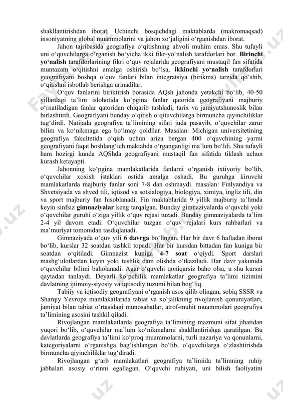o‘quvchilar zarur bilim va ko‘nikmaga ega bo‘lmay qoldilar. masalan: michigan universitetining geografiya fakultetida o‘qish uchun ariza bergan 400 o‘quvchining yarmi geografiyani faqat boshlang‘ich maktabda o‘rganganligi ma’lum bo‘ldi. shu tufayli ham hozirgi kunda aqshda geografiyani mustaqil fan sifatida tiklash uchun kurash ketayapti. jahonning ko‘pgina mamlakatlarida fanlarni o‘rganish ixtiyoriy bo‘lib, o‘quvchilar xoxish istaklari ostida amalga oshadi. bu guruhga kiruvchi mamlakatlarda majburiy fanlar soni 7-8 dan oshmaydi. masalan: finlyandiya va shvetsiyada va shved tili, iqtisod va sotsialogiya, biologiya, ximiya, ingliz tili, din va sport majburiy fan hisoblanadi. fin maktablarida 9 yillik majburiy ta’limda keyin sinfsiz gimnaziyalar keng tarqalgan. bunday gimnaziyalarda o‘quvchi yoki o‘quvchilar guruhi o‘ziga yillik o‘quv rejasi tuzadi. bunday gimnaziyalarda ta’lim 2-4 yil davom etadi. o‘quvchilar tuzgan o‘quv rejalari kurs rahbarlari va ma’muriyat tomonidan tasdiqlanadi. gimnaziyada o‘quv yili 6 davrga bo‘lingan. har bir davr 6 haftadan iborat bo‘lib, kurslar 32 soatdan tashkil topadi. har bir kursdan bittadan fan kuniga bir soatdan o‘qitiladi. …