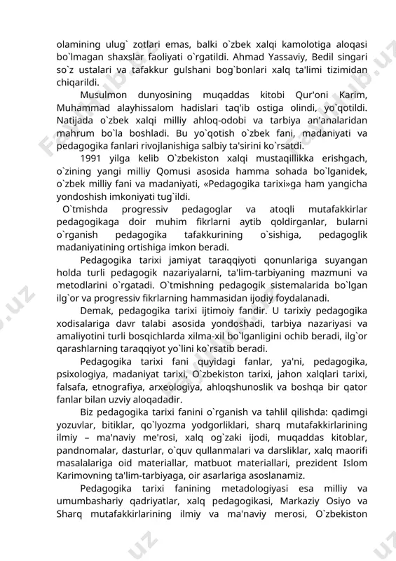 angi maktablar ochish va ularni mustahkamlash vazifalari ko`ndalang qilib qo`yildi. unda yoshlar ongiga yangi jamiyat g`oyalarini singdirish, shu ishlarni amalga oshiradigan pedagog xodimlar tayyorlashga e'tibor berildi. shu ishlarni amalga oshirishda russiya xalq ta'limi yo`nalishi va tizimi rahbarlik qilgan. tarixdan ma'lumki, qaysi davlat yoki mamlakat hukumron bo`lsa, u tobe mamlakat va xalqga o`z mafkurasini, ma'naviyatini, axloq-odob aqidalarini singdirishga harakat qilgan. 1924 yil oktyabrda turkiston parchalanishi oqibatida milliy madaniyat yo`li asta-sekin to`sila boshlandi. asrlar osha amalda qo`llanib kelingan, qomusiy ilmlar bitilgan yozuv man etildi. avval lotin grafikasi, keyin rus grafikasi asosiga qurilgan yozuvga o`tildi. bu tadbir markaziy osiyo xalqlarini o`z madaniyat tarixini o`rganish imkoniyatidan mahrum etdi. maktablarda dunyo fanini rivojlantirishga munosib hissa qo’shgan o`zbek fani va madaniyatining asoschilari, musulmon olamining ulug` zotlari emas, balki o`zbek xalqi kamolotiga aloqasi bo`lmagan shaxslar faoliyati o`rgatildi. ahmad yassaviy, bedil singari so`z ustalari va tafakkur gulshani bog`bonlari xalq ta'limi tizimidan chiqarildi. musulmon dunyosining muqaddas kitobi qur'oni karim, …