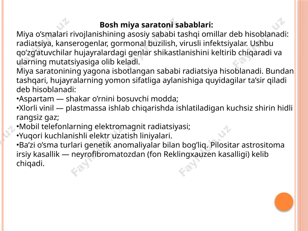 . orqa miya suyuqligi siqilishi sayin bosh suyagi ichi bosimi oshishi belgilari — qusish, bosh og’rig’i, ko’ngil aynishi, bosh aylanishi, ko’z olmasining ichki yuzasida dimlanishlar kuzatiladi. yon qorinchalarda miya saratoni vegeto-tomir buzilishlari (periferik vegetativ asab tizimi shikastlanishi bilan bog’liq buzilishlar) va gidrosefaliya rivojlanishi bilan birga kechadi. 4. subkortikal-trunkal miya bo’limlari uchun mezуnsefal-to’rt tepali sindromli saraton xarakterlidir — miyaning gidrosefaliyasi rivojlanishi fonida ko’zlarning bir-birga yaqinlashishi buzilishi, ko’zlarning yuqoriga sinxron ko’tarilishi buzilishi (yuqoriga qarash parezi). 5. xiazma gliomalari ko’rish buzilishlari bilan namoyon bo’ladi — ko’z tubi ko’rigi vaqtida nerv atrofiyasi hodisalari bilan ko’rish o’tkirligining pasayishi va ko’rish maydonlarining buzilishi, o’sma gipotalamus tuzilmalarini shikastlashi natijasida gormonal o’zgarishlar. 6. epifiz neoplaziyasida erta jinsiy va jismoniy rivojlanish qayd etiladi, ko’zni harakatlantirish buzilishlari rivojlanadi. 7. miyacha va uzunchoq miyani shikastlaydigan o’smalar gidrosefaliya rivojlanishiga olib keladi, chunki u likvor — orqa miya suyuqligining qayta oqishiga to’sqinlik qiladi. klinik jihatdan, bu gipertenzion-gidrosefal miyachalarli krizlar bilan kechadi — boshda …