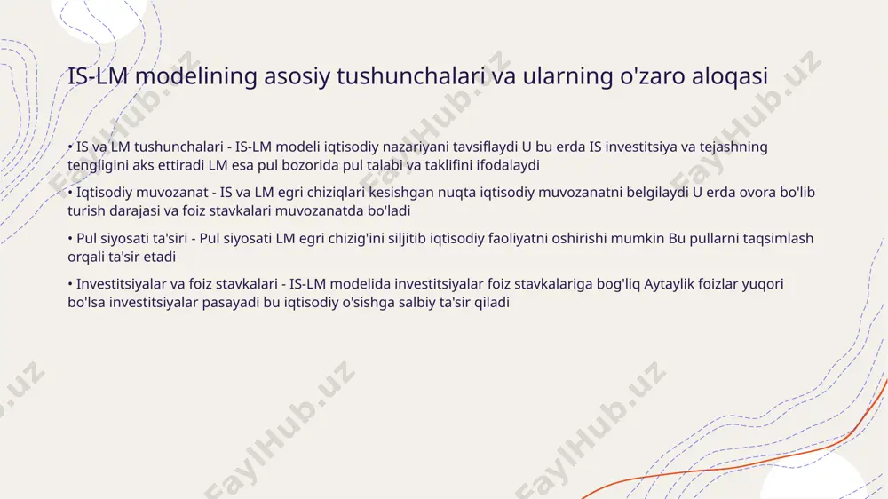 ta'sirini aks ettiradi. is egri chizig'i инвестицияlar va tejashlarni tasvirlaydi, lm esa pul ta'minoti va pul talabini ifodalaydi. • iqtisodiy shoklarga reaktsiya - iqtisodiy shoklar is-lm modeliga sezilarli ta'sir ko'rsatadi. misol uchun, talabning pasayishi is egri chizig'ini chap tomonga siljitadi va ishlab chiqarish kamayadi. is-lm modelida inflyatsiya va ishsizlik aloqasi • inflyatsiya ta'siri - is-lm modeli inflyatsiya darajasining iqtisodiy faoliyatga ta'sirini ko'rsatadi. inflyatsiyaning oshishi pulning xarid qobiliyatini pasaytiradi va iste'molni cheklaydi. • ishsizlik darajasi - ishsizlik darajasining oshishi iqtisodiy qiyinchiliklarni ko'rsatadi. bandlik darajasi pasayganida, inflyatsiyaga nisbatan bosim kamayadi. • o'zaro bog'liqlik - inflyatsiya va ishsizlik o'rtasidagi munosabat odatda teskari bo'ladi. inflyatsiya yuqori bo'lsa, ishsizlik darajasi past bo'ladi va aksincha. • siyosiy ta'sir - markaziy bankning pul siyosati inflyatsiya va ishsizlik darajasini boshqarishda muhim rol o'ynaydi. pul siyosatini chiqarish orqali iqtisodiy barqarorlik ta'minlanadi. is-lm modeli orqali iqtisodiy barqarorlikni ta'minlash • is-lm modelining asosiy tushunchasi - is-lm modeli iqtisodiy nazorat va barqarorlikni …