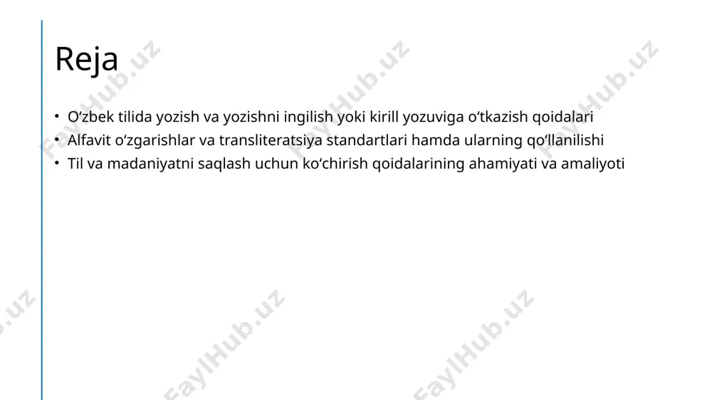 un muhim rol o'ynaydi. yozish jarayonida standartlashtirilgan qoidalar va texnikalar yordamida harflar va so'zlarni to'g'ri transliteratsiya qilish muhim, bu xatoliklarni kamaytiradi. yaxshi tushunilgan qoidalar va amaliy mashqlar yordamida transliteratsiyadagi xatoliklar, ma'noni noto'g'ri tushunish yoki yozuvdagi chalkashliklarni oldini oladi. koʻchirish qoidalarining madaniyat va tilni saqlashdagi roli va muhimligi 1 madaniyatni saqlashda transliteratsiya to'g'ri transliteratsiya madaniyat va tilni asrab qolishga yordam beradi, milliy an'analarga mos yozuvlar va yozish tartiblarini saqlash muhimdir. 2 til va tarixiy meros transliteration, tarixiy yozuvlarni zamonaviy yozuvga o'tkazishda yordam berib, milliy til va tarixiy merosni avaylab qolishda muhim rol o'ynaydi. 3 madaniy identitet va birlik standartlashtirilgan qoidalar orqali, transliteratsiya til va madaniyatni birlashtiradi, yosh avlodga milliy identitetni va madaniyatni saqlash imkonini beradi. alfavit oʻzgarishlari va transliteratsiya standartlarining asosiy prinsiplari 01 alfavit oʻzgarishlari va tarixiy rivoj oʻzbek tilida alfavit oʻzgarishlari boshlanganidan beri, yozuv tizimi va standartlar evolyutsiya qilgan. bu jarayon, til va madaniyatni saqlash uchun muhim ahamiyatga ega. 02 …