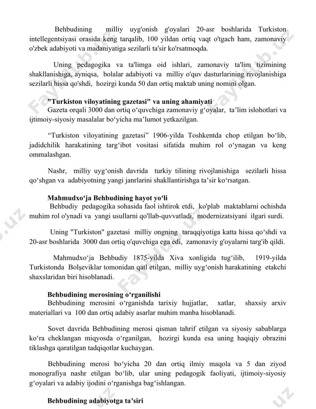 da turkiston intellegentsiyasi orasida keng tarqalib, 100 yildan ortiq vaqt o'tgach ham, zamonaviy o'zbek adabiyoti va madaniyatiga sezilarli ta'sir ko'rsatmoqda. uning pedagogika va ta'limga oid ishlari, zamonaviy ta'lim tizimining shakllanishiga, ayniqsa, bolalar adabiyoti va milliy o'quv dasturlarining rivojlanishiga sezilarli hissa qo'shdi, hozirgi kunda 50 dan ortiq maktab uning nomini olgan. "turkiston viloyatining gazetasi" va uning ahamiyati gazeta orqali 3000 dan ortiq oʻquvchiga zamonaviy gʻoyalar, taʼlim islohotlari va ijtimoiy-siyosiy masalalar boʻyicha maʼlumot yetkazilgan. “turkiston viloyatining gazetasi” 1906-yilda toshkentda chop etilgan boʻlib, jadidchilik harakatining targʻibot vositasi sifatida muhim rol oʻynagan va keng ommalashgan. nashr, milliy uygʻonish davrida turkiy tilining rivojlanishiga sezilarli hissa qoʻshgan va adabiyotning yangi janrlarini shakllantirishga taʼsir koʻrsatgan. mahmudxoʻja behbudining hayot yoʻli behbudiy pedagogika sohasida faol ishtirok etdi, ko'plab maktablarni ochishda muhim rol o'ynadi va yangi usullarni qo'llab-quvvatladi, modernizatsiyani ilgari surdi. uning "turkiston" gazetasi milliy ongning taraqqiyotiga katta hissa qoʻshdi va 20-asr boshlarida 3000 dan ortiq o'quvchiga ega edi, zamonaviy …