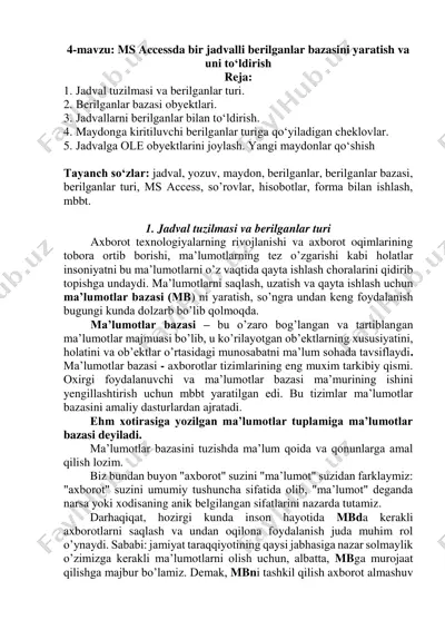 ms accessda bir jadvalli berilganlar bazasini yaratish va uni to‘ldirish — PDF