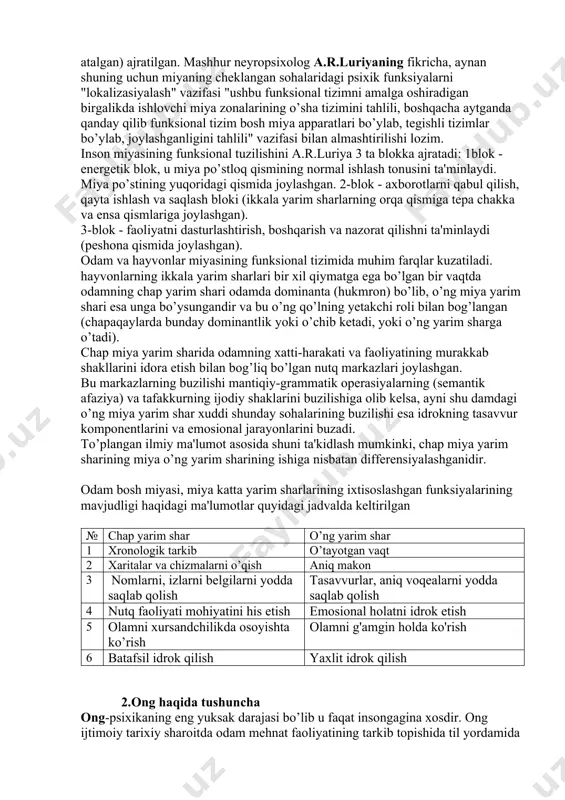 ksiyalarni "lokalizasiyalash" vazifasi "ushbu funksional tizimni amalga oshiradigan birgalikda ishlovchi miya zonalarining o’sha tizimini tahlili, boshqacha aytganda qanday qilib funksional tizim bosh miya apparatlari bo’ylab, tegishli tizimlar bo’ylab, joylashganligini tahlili" vazifasi bilan almashtirilishi lozim. inson miyasining funksional tuzilishini a.r.luriya 3 ta blokka ajratadi: 1blok - energetik blok, u miya po’stloq qismining normal ishlash tonusini ta'minlaydi. miya po’stining yuqoridagi qismida joylashgan. 2-blok - axborotlarni qabul qilish, qayta ishlash va saqlash bloki (ikkala yarim sharlarning orqa qismiga tepa chakka va ensa qismlariga joylashgan). 3-blok - faoliyatni dasturlashtirish, boshqarish va nazorat qilishni ta'minlaydi (peshona qismida joylashgan). odam va hayvonlar miyasining funksional tizimida muhim farqlar kuzatiladi. hayvonlarning ikkala yarim sharlari bir xil qiymatga ega bo’lgan bir vaqtda odamning chap yarim shari odamda dominanta (hukmron) bo’lib, o’ng miya yarim shari esa unga bo’ysungandir va bu o’ng qo’lning yetakchi roli bilan bog’langan (chapaqaylarda bunday dominantlik yoki o’chib ketadi, yoki o’ng yarim sharga o’tadi). chap miya yarim …