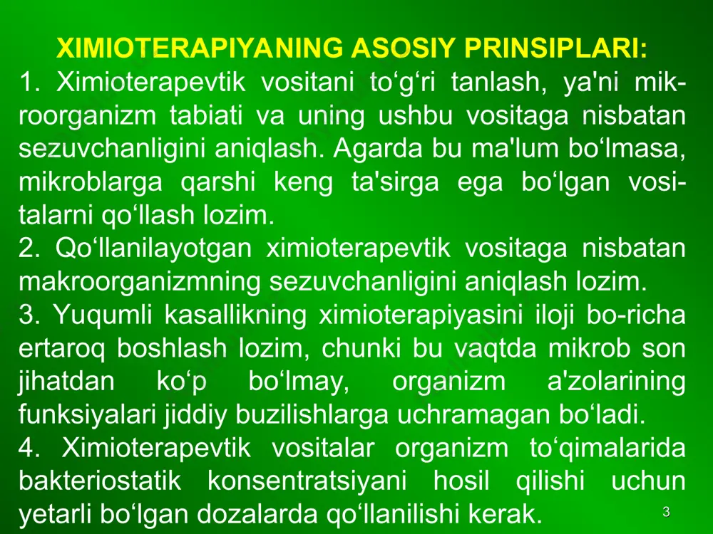 in va boshqalar). 9. fuzidiy kislotasi. 10. mahalliy qo‘llaniladigan antibiotiklar (fyuzafyunjin). antibiotiklar yoki mikroorganizmlarning ko‘payishiga to‘sqinlik qiladi (bakteriostatik samara) yoki ularning halok bo‘lishiga olib keladi (bakteritsid samara). * antibiotiklarning mikroorganizmlarga qarshi quyidagi asosiy ta'sir mexanizmlari ma'lum: 1. bakterial hujayra devorining sintezini buzadi (penitsillinlar, sefalosporinlar) 2. sitoplazmatik membrananing (qobiq) o‘tkazuvchanligini buzadi (polimiksinlar); 3. hujayra ichidagi oqsilning sintezlanishini buzadi (tetratsiklinlar, levomitsetin, aminoglikozidlar va b.); 4. rnk sintezini buzadi (rifampitsin). antibiotiklar mikroorganizmlarga nisbatan yuqori tanlab ta'sir ko‘rsatish xossasiga ega bo‘lishlari bilan bir qatorda makroorganizmda ham turli aller-gik va noallergik nojo‘ya ta'sirlar keltirib chiqaradilar. * antibiotiklarning mikroblarga qarshi ta'sirlari asosiy mexanizmlari * shularni hisobga olgan holda amaliy tibbiyotda qo‘llaniladigan antibiotiklar quyidagi talablarga javob berishlari lozim: - mikroblarga qarshi kuchli faollikka ega bo‘lishi, tanlab ta'sir etishi, keng ta'sir spektriga ega bo‘lishi; - bakteritsid yoki bakteriostatik ta'sir etishi; - biologik membranalardan (get) yaxshi o‘tishi va organizmning har xil muhitlarida o‘z faolligini yo‘qotmasligi; - mikroorganizmlar chidamliligini (bardosh …
