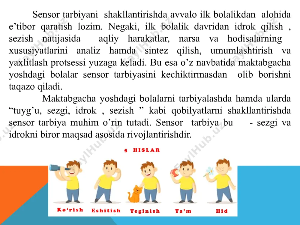 a ta'lim shakllariga nisbatan bolalarda atrof-muhitga bo'lgan tabiiy qiziqishni kuchaytiradi. bir paytlar albert eynshteyn shunday degan edi: “men hech qachon shogirdlarimga dars bermayman. men faqat ular o'rganishlari mumkin bo'lgan sharoitlarni ta'minlayman." agar siz bolaga sinf muhitida sensorli ta'limni o'z ichiga olgan ta'lim imkoniyatlarini taqdim qilsangiz, ular atrof-muhitni o'rganish uchun his-tuyg'ularidan foydalanishga undaydi. ushbu yondashuv bolalarning tabiiy izlanishga bo'lgan ochligini rag'batlantiradi va ularga o'qitish usullarini majburlamasdan, ularning umumiy rivojlanishiga yordam beradi. uchta sezgi yordamida bola o'z atrofini o'zi taqdim etadigan barcha boyliklar bilan o'rganishi mumkin. biz beshta sezgi organimizdan olgan barcha ma'lumotlarning ko'p qismi uchun ko'rish hissi javobgardir. kichkintoy o'sishining turli bosqichlarida oladigan vizual ma'lumotlar kundalik vazifalarni bajarish, rasm chizish, rang berish, o'qish, yozish, doskadan nusxa ko'chirish va kesish kabi muhim ko'nikmalar uchun javobgardir. oqish naychalari va oqish kublari, magna labirintlari va yaltiroq o'yinchoqlar (tayoqchalar, jellar, prokladkalar va lampalar) ko'rish va vizual idrok etishni rivojlantirishi mumkin. sensorga asoslangan ta'limning boshqa shakllari …