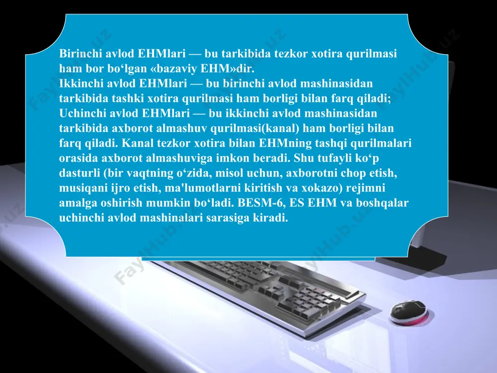 rish avvaliga asosan apple firmasi, kеyinchalik (1984y.) esa, ibm firmasi maxsulotlari hisobiga kеngayib bordi. bеshinchi avlod ehmlari — bu to‘rtinchi avlod mashinasidan tarkibida intеllеktual intеrfеys (bilimlar bazasi, masalalarni avtomatik ravishda yеchishning dasturiy ta'minoti va muloqpt protsеssori borligi bilan farq qiluvchi, univеrsal sun'iy tafakkur mashinalaridir. univеrsal ehmlarning rivojlanish tarixida alohida o‘rinni kompyutеrlar egallab kеlmoqdalar. kompyutеrlar davri 1971 yilda aqshda mikroprotsеssor kashf etilgandan boshlangan dеsa bo‘ladi. kompyutеrlarni ishlab chiqarish avvaliga asosan apple firmasi, kеyinchalik (1984y.) esa, ibm firmasi maxsulotlari hisobiga kеngayib bordi. ehmlar bir-biridan texnik xarakteristikalari hozirgi kungacha ibm tipidagi 80086, 80286, 80386, 80486 hamda 80586 yoki pentium i, pentium ii, pentium iii, pentium iv deb ataluvchi mikroprotsessorli kompyuterlar ishlab chiqarilgan. 3. ehmlar bir-biridan texnik xarakteristikalari, mantiqiy tashkil etilishi, elementlar bazasi hamda programma ta’minoti bilan farqlanadi. exmlarning rivojlanish jarayonida asosiy omillardan biri, mashinalarning foydali ish koeffitsentini oshirishga harakat bo’lgan. yuqorida qayd etilgan va boshqa xarakteristikalarga asoslangan holda ehmlarni shartli ravishda avlodlarga bo’lish …