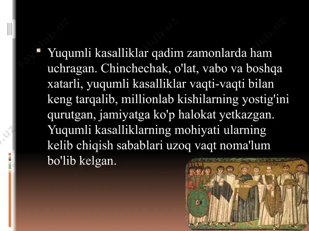 lardan kirib kelishini oldini olish zarur bo`ladi. buning uchun aeroportlarda, xalqaro temiryo`l stansiyalarida, daryo va avtobus yo`llarining chegara punktlarida sanitariya- nazorat punktlari tashkil etilgan. vabo doimiy qayd etiladigan mamlakatlardan kelgan yo`lovchilardaqn kasallik simptomlari bor yoki yo`qligi so`raladi. respublikada har bir viloyat , tuman, vaboni oldini olish va u aniqlangan taqdirda ko`riladigan chora tadbirlar majmuini oldindan belgilab qo`yadi. u epidemiyaga qarshi favqulotta komissiya yig`ilishida muhokama qilinib hokimiyatlar tomonidan tasdiqlanadi. kasallik aniqlangan yoki kasallikga shubha qilinganda darhol ses ga habar beriladi. bemor darrov alohidalanadi. ses hodimlari bemor bilan suhbatlashib kasallik qaysi yo`l bilan yuqqanligini aniqlashga harakat qiladi. o’lat o’tkir infeksion va karantinli kasalik hisoblanadi.o’lat arab so’zidan olingan bo’lib ”djumma” bob degan manoni bildiradi’ kasallik har qanday yoshda uchraydi va har qanday yo’l bilan yuqadi ko’proq yovvoyi kemiruvchilar va qon so’ruvchi hasharotlar chaqqanda yuqadi. kasallik juda og’ir o’tadi o’lim ko’rsatkichi yuqori epidimiologiyasi kasallik manbayi yovoyi tabiat hayvonlari hisoblanadi ularning tanasida o’lat bakteriyasi bo’ladi. …