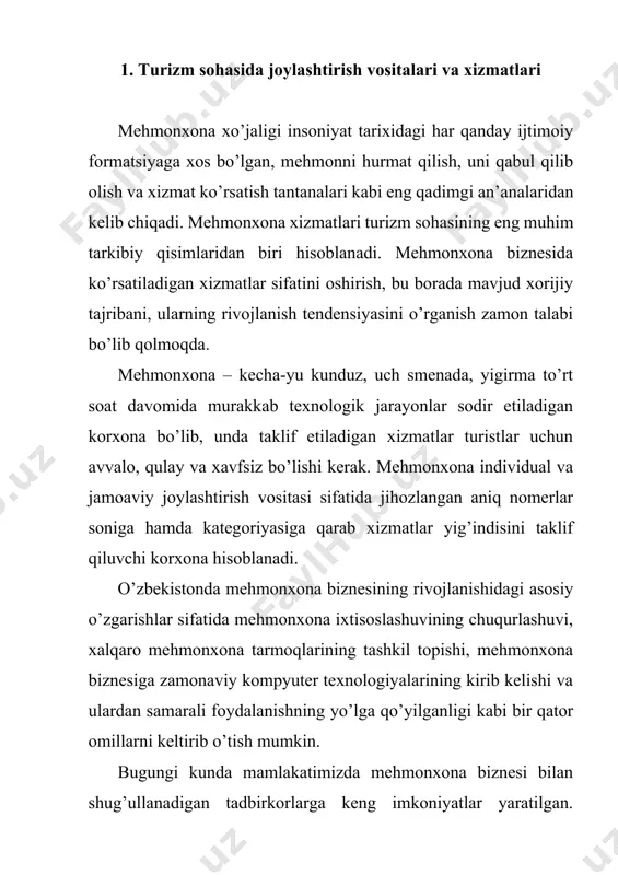 i yanada rivojlantirish chora-tadbirlari to’g’risida‖gi qarorlari shular jumlasidandir. o’zbekiston respublikasi vazirlar mahkamasining 2014-yil 13-martdagi 60-sonli «turizm faoliyatini amalga oshirish va litsenziyalash tartibini takomillashtirish chora-tadbirlari to’g’risida»gi qabul qilingan qarori mehmonxona biznesi bilan shug’ullanuvchi, ya’ni ―mehmonxona xizmatlari ko’rsatishni mo’ljallayotgan oilaviy korxonalar‖ ga juda katta imkoniyatlar eshigini ochib berdi. unga ko’ra, ―faqat mehmonxona xizmatlari ko’rsatishni mo’ljallayotgan oilaviy korxonalar uchun qonun hujjatlarida belgilanganga teng bo’lgan ustav fondiga ega bo’lishlari kerak‖[footnoteref:1]. endilikda oilaviy tadbirkorlik tipidagi mehmonxona ochish uchun hujjatlarda belgilangan eng kam ish haqining o’n baravari miqdoridan kam bo’lmagan ustav fondini shakllantirishi va yashab turgan uylarini noturar joy shakliga o’tkazmasdan mehmonxona biznesi bilan shug’ullanishlari mumkin. [1: o’zbekiston respublikasi vazirlar mahkamasining 2014-yil 13-martdagi 60-sonli «turizm faoliyatini amalga oshirish va litsenziyalash tartibini takomillashtirish chora-tadbirlari to’g’risida»gi qarori. ] o’zbekiston respublikasi prezidenti sh.m. mirziyoyevning 2016-yil 2-dekabrdagi ―o’zbekiston respublikasining turizm sohasini jadal rivojlantirishni ta’minlash chora-tadbirlari to’g’risida‖gi[footnoteref:2] farmoni turizm sohasidagi tadbirkorlik faolligini yanada rag’batlantirish, turizm infratuzilmasini rivojlantirish, turizm tashkilotlariga qo’shimcha imtiyoz …