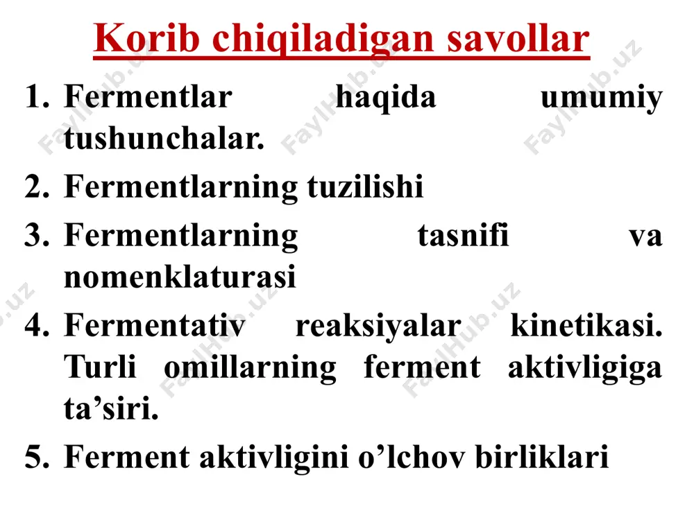 martagacha ko’proq tezlashtiradi. fermentlar yuqori spetsifiklikga ega. fermentativ reaksiya boshqariladi. fermentativ reaksiya tezligi ferment miqdoriga tо’g’ri proporsional. fermentativ reaksiyalar tezligiga quyidagilar ta’sir etadi: reaksiyaga kirishayotgan moddalar tabiati (fermentlarning ta’siri substrat spetsifikligida namoyon bo’adi) substrat konsentratsiyasi ferment konsentratsiyasi temperatura o’zgarishi рн muhit o’zgarishi fermentlarning quidagi spetsifik turlari tafovut etiladi: absolyut spetsifiklik; absolyut-guruhli spetsifikligi (bir xil tipdagi tuziliga ega bоlgan substratlar); nisbiy-guruhli maxsuslik (bir turdagi kimyoviy bog’ga ega bo’lganlar); steriokimyoviy spetsifiklik. fermentlarning maxsusigini ikkita gipoteza yordamida tushuntiriadi: fisherning «qulf-kalit» mexanizmi, bu gipotezaga muvofiq substrat ferment bilan huddi qulf kalitga mos kelgandek mos kelishi kerak: ferment-substrat kompeks es maxsulot aktiv markaz fermentativ reaksiya tezligining substrat konsentratsiyasiga [s] bog’liq egri chizig’i. substrat konsentratsiyasi reaksiya tezligi temperaturaning ta’siri temperatura v mkmol/min оptimal temperatura maksimal katalitik aktivlik denaturatsiya aktivlanish energiyasi nofaol molekulani kimyoviy reaksiyaga kirishadigan faol holatga keltirish uchun kerak bo’ladigan qo’shimcha energiya aktivlanish energiyasi deb yuritiladi. aktivanish energiyasi qanchalik past bo’lsa reaksiya tezligi shunchalik yuqori …