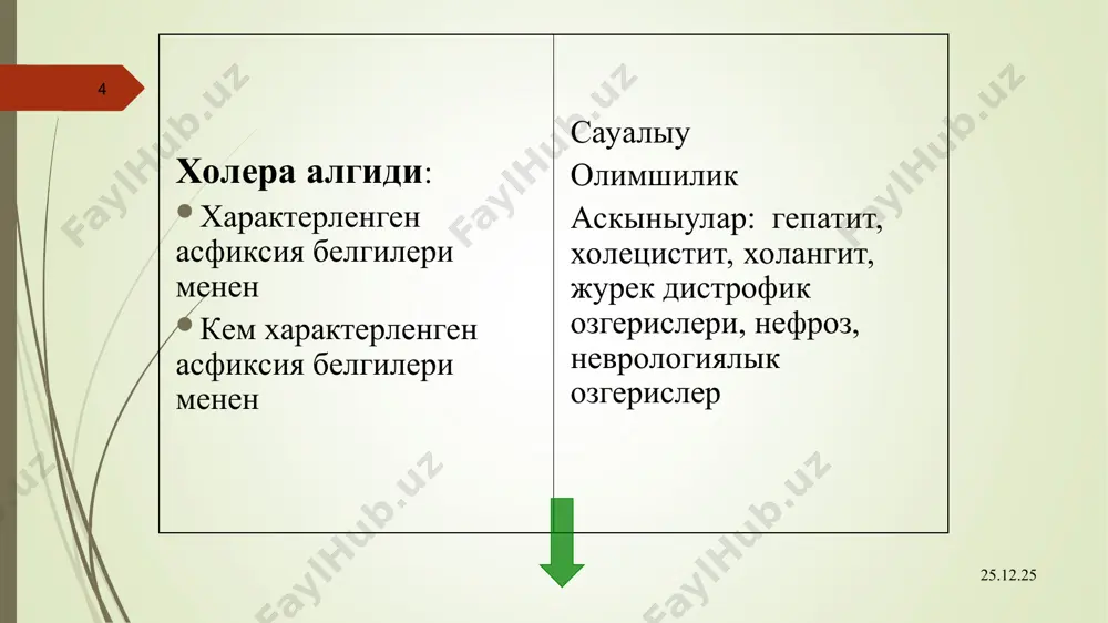 ксетиндеги регидратация; дауам етип атырган суйыклык жок етилиуин коррекция кылыу максетиндеги регидратация вена тамыры аркалы хам орал регидратацион терапия 2 этапта откериледи * * инфекцион-токсик шок; стабил емес гемадинамика менен кешиуши суусызланыу токтамай атырган кайтарыуларда олигоанурия кантлы диабет глюкоза сорылыуынын бузылыуы орал регидратацион терапия откерип болмайтугын жагдайлар: * холерада наукасларды емлеу ушын ислетилетугын дузлы еритпелер трисоль – 5г naci, 4г .nahco3 1г kci mgci, caci дисоль 5г. naci, 4г .nahco3 квартасоль 4.75г. naci, 1.0г nahco3 2.6г натрий ацетат хам 1.5 kci адесоль 5г. naci, 2г натрий ацетат , 1г kci * * суусызланыу белгилери болмаган жагдайларда биринши корикте суусызланыу белгилери болмаган наукаслар уйде емлениулери мумкин. пакетдаги орал регидратация препаратларын уйде ишиуге берин: жасы хар бир суйык дареттен кейинги берилетугын мугдар керек болатугын орп пакетлери 24 айдан кем 50 — 100 мл кунине 500 мл еритпеге 2 — 9 жас 100 — 200 мл кунине 1000 мл еритпеге 10 жас хам …