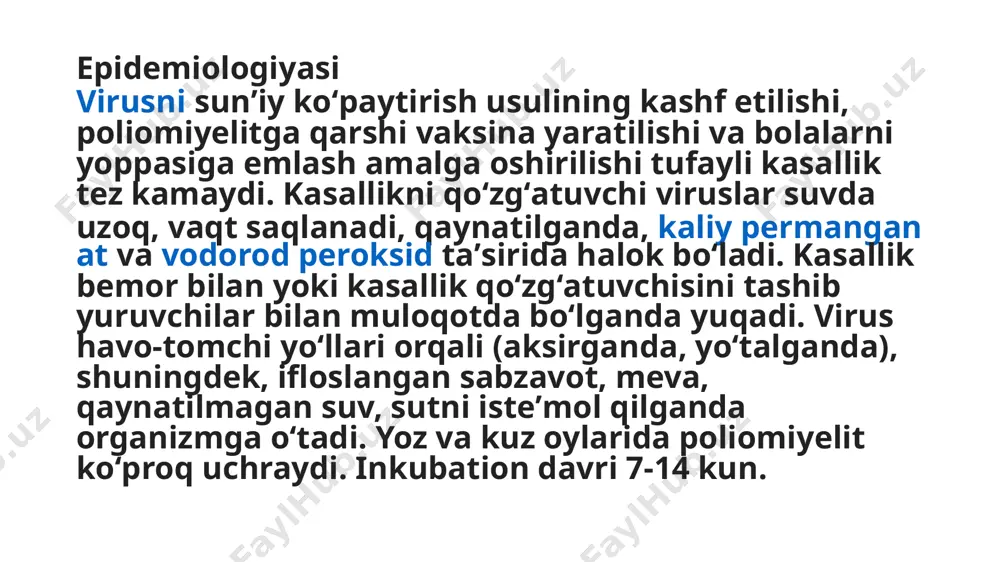 i aniqlaydi 1979 yilda feystaun-kasal axlatidan ajratib oladi. elektron mikroskopda koʼradi morfologiyasi virus kubsimon koʼrinishda oddiy tuzilishga ega 1-ipli rnk tutadi 27-32 nm kattalikda lipid va uglevodlar tutmaydi super kapsidlar yoʼq o’stirish 1. makak rezus maymuni embrionining buyrak hujayralarida 2. jigar toʼqimalari hujayralarida – gepatotsitlarda qatʼiy tropizmga ega 3. cheksiz oʼsuvchi hujayra kulturalarida 4. virus xujayrada uzoq vaqt reproduktsiyalanadi chidamliligi haroratga chidamli 1000 da 5 minutdan soʼng oʼladi -200 da yillab yashaydi dezinfektsiyalovchi moddalarga sezuvchan patogenezi koʼpincha 15 yoshgacha bolalar kasallanadi kasallik mavsumga bogʼlik – avgust va sentyabr oilarida koʼp uchraydi yuqishi axlat- ogʼiz orqali: - suv, oziq- ovqatlar, sutlar - buyumlar, oʼyinchoqlar - qizdirish mumkin boʼlmagan oziq- ovqatlar: - salatlar - sharbatlar suv orqali yuqishi mavsumga bogʼliq boʼlmaydi birlamchi reproduktsiya ingichka ichak shilliq qavatida oʼtadi yashirin davri: - sariqlik kelib chiqmasdan 1-2xafta oldin - bu davrda virus axlat orqali koʼp miqdorda ajraladi prodromal davri: - gripp kasalligiga xos simptomlar …