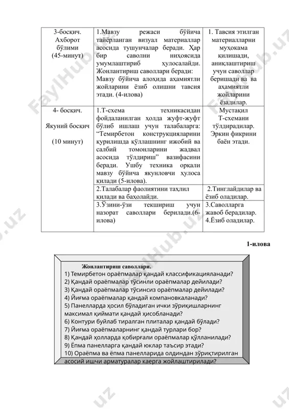 krlarni mumkin qadar kengaytirish va rivojlantirishga harakat qilinadi; - muammo echimidan uzoq fikrlar ham qo'llab-quvvatlanadi; - barcha fikrlar yoki ularning asosiy mag'zi (farazlari) qayd etish yo'li bilan yozib olinadi; - «hujum»ni o'tkazish vaqti aniqlanadi va unga rioya qilinishi shart; - beriladigan savollarga qisqacha (asoslanmagan) javoblar berish ko'zda tutilishi kerak. 3-ilova mavzuning asosiy vazifasi. temirbeton konstruktsiyalarni hisoblash va loyihalashga doir umumiy ko'rsatmalarni, qo'llanilish sohalarini, turlari, hisoblash algoritmlari va loyihalash konstruktsiyalarni o'rganuvchi ilmiy manbalar asosida talabalar ongiga singdirish va shakllantirishdan iboratdir. 4-ilova. kirish ko'rgazmali vizual materiallar: to'sinli yig'ma orayopmaning konstruktiv sxemasi 5-ilova «t - sxema» texnikasi - bu texnologiya murakkab, ko'ptarmoqli, mumkin qadar muammo xarakteridagi mav-zularni o'rganishga qaratil-gan; bunda ularning har biri alohida nuqtalardan muhokama etiladi. masalan ijobiy va salbiy tomon-lari, afzallik va kamchilik-lari, bir fikrning ikki tomoni, foyda va zararlari; - tanqidiy, tahliliy, aniq mantiqiy fikrlash muvaf-faqiyati rivojlantirishiga hamda o'z fikrlari, fikrla-rini yozma va og'zaki shaklda ixcham bayon etish, himoya qilishga …