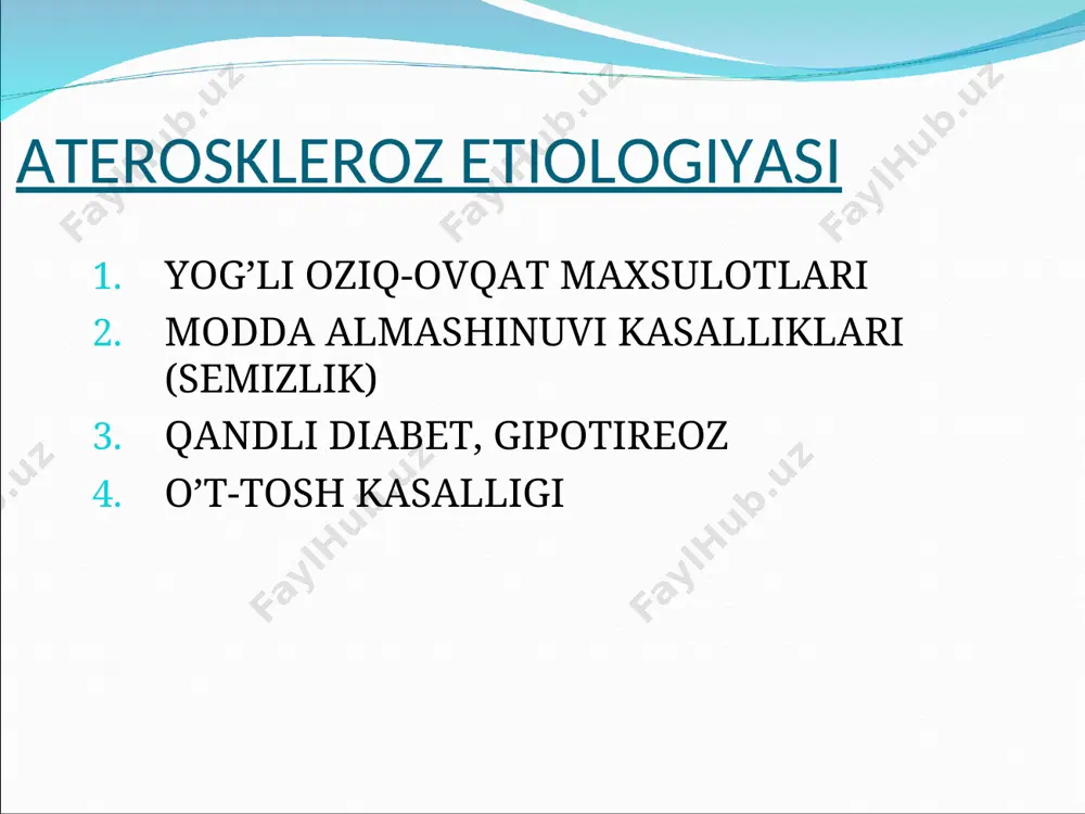 sa yosh. klinik ko’rinishi. stenokardiyaning asosiy klinik belgisi og’riq to’sh suyagining orqasida, chap qo’lga, ko’krak sohasiga, yelkaga, kuraklar o’rtasiga, pastki jag’ga, bo’yinga tarqaladi, og’ir mehnat qilganda, asabiy zo’riqishda, sovuq havoda yurganda, ovqatlangan-dan so’ng paydo bo’ladi. stenokardiya xuruji vaqtida presistolik ot dupuri ritmi va i ton susayishi stenokardiya xuruji vaqtida (a) va 30 daqiqa keyin (b) olingan ekg, qiyosiy tashxisi. miokard infarkti sifilitik mezaortit yurak nuqsonlari miokardit diafragmaning qizilo’ngach teshigi churrasi perikardit gipotalamik sindrom davosi a. kun tartibiga rioya qilish b. dorilar bilan davolash nitratlar va nitratga o’xshash moddalar b-adrenoretseptorlar blokatorlari kalsiy antagonistlari antikoagulyant, antiagregantlar antioksidant davo profilaktikasi. a. birlamchi profilaktika: (1) ateroskleroz, gipertoniya kasalligi, semirishni oldini olish; (2) tabak chekishni va spirtli ichimliklar ichishni chek-lash; (3) osh tuzi va xolesteringa boy bo’lgan mahsulotlar (yog’, tuxum, yog’li go’sht) iste'molini chegaralash. (4) maxsus badantarbiya mashqlarini muntazam ravishda bajarish ikkilamchi profilaktika: 1) aterosklerozga qarshi gipolipidemik dorilarni qo’llash. 2) og’riq sindromini, yurak urishi maromining …
