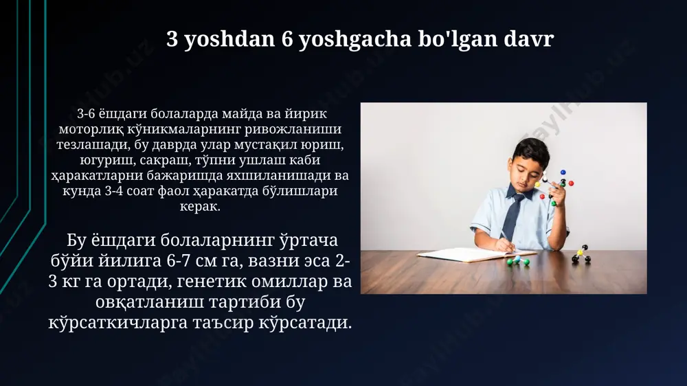 arda o'zini himoya qilish qobiliyatini rivojlantiradi. 1 yoshdan 3 yoshgacha bo'lgan davr ushbu davrda bolaning katta motorikasi rivojlanadi: yurish, yugurish, zinapoyadan chiqish kabi harakatlarni mukammallashtiradi, muvozanati yaxshilanadi. mayda motorika rivojlanishi uchun 1-3 yoshli bolalarga turli xil o'yinchoqlar, masalan, kubiklar, mosaykalar va plastilin bilan o'ynash tavsiya etiladi, bu ularning qo'l barmoqlarining nozik harakatlarini rivojlantiradi. e'tiboringiz uchun rahmat @taqdimot_robot image1.jpg image2.jpg image3.jpg image4.jpg image5.jpg image6.jpg image7.jpg image8.jpg image9.jpg image10.jpg image11.jpg image12.jpg image13.jpg image14.jpg image15.jpg