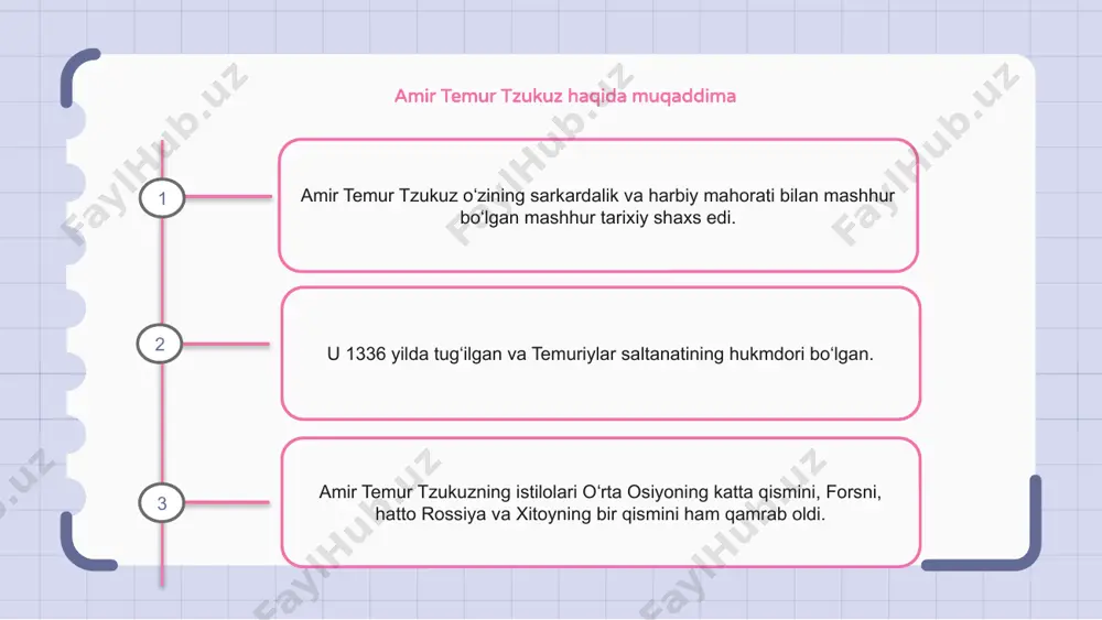 mperiyasi tarixdagi eng yirik va qudratli imperiyalardan biriga aylandi. amir temur tzukuz boshchiligidagi harbiy yurishlar amir temur tzukuz oʻz hukmronligi davrida bir qancha harbiy yurishlarga boshchilik qilgan koʻzga koʻringan sarkarda edi. u o'zining strategik qobiliyatlari va muvaffaqiyatli zabtlari bilan mashhur bo'lib, imperiyasining kengayishiga hissa qo'shgan. uning koʻzga koʻringan harbiy yurishlari orasida oʻrta osiyoni boʻysundirish, forsni bosib olish va hindistonga bostirib kirish kiradi. 1 2 3 amir temur tzukuz davridagi madaniy-me’morchilik taraqqiyoti amir temur tzukuz 14-asrda oʻzining madaniy va meʼmoriy taraqqiyoti bilan mashhur boʻlgan koʻzga koʻringan rahbar boʻlgan. uning hukmronligi davrida u o'z imperiyasining madaniy va me'moriy landshaftini yaxshilagan turli loyihalarni amalga oshirdi. uning sa'y-harakatlari ajoyib inshootlarni yaratishga va bugungi kunda ham hayratlanarli madaniy amaliyotlarni saqlab qolishga olib keldi. amir temur tzukuzning markaziy osiyo tarixidagi o‘rni amir temur tzukuz markaziy osiyo tarixida katta rol o‘ynagan. u buyuk harbiy bosqinchi va mohir strateg edi. u turk-moʻgʻul qabilalarini birlashtirib, oʻrta osiyo boʻylab ulkan …