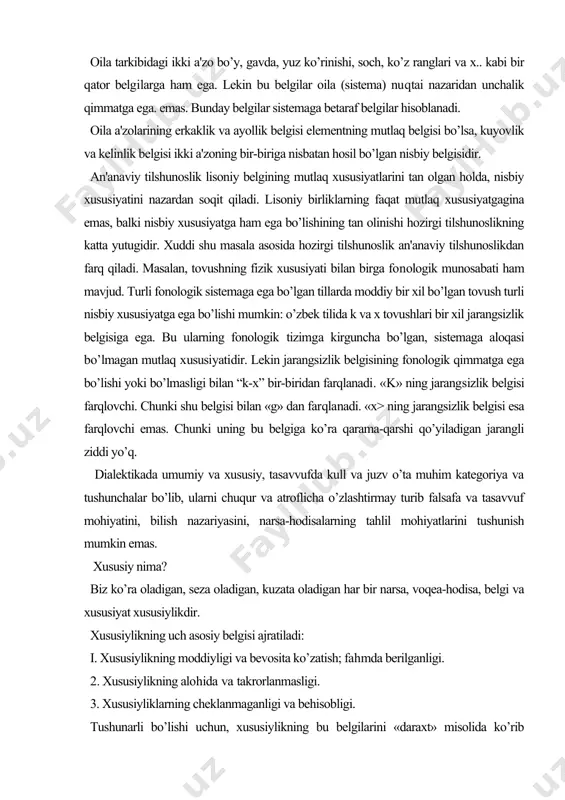 iy va xususiy, tasavvufda kull va juzv o’ta muhim kategoriya va tushunchalar bo’lib, ularni chuqur va atroflicha o’zlashtirmay turib falsafa va tasavvuf mohiyatini, bilish nazariyasini, narsa-hodisalarning tahlil mohiyatlarini tushunish mumkin emas. xususiy nima? biz ko’ra oladigan, seza oladigan, kuzata oladigan har bir narsa, voqea-hodisa, belgi va xususiyat xususiylikdir. xususiylikning uch asosiy belgisi ajratiladi: i. xususiylikning moddiyligi va bevosita ko’zatish; fahmda berilganligi. 2. xususiylikning alohida va takrorlanmasligi. 3. xususiyliklarning cheklanmaganligi va behisobligi. tushunarli bo’lishi uchun, xususiylikning bu belgilarini «daraxt» misolida ko’rib chiqamiz. xususiy «daraxt» (xd) bu ko’z oldimizda, ma'lum bir joyda, ma'lum bir vaqtda, ma'lum bir shaklda va ko’rinishda, ma'lum bir taraqqiyot bosqihida turgan alohida bir narsa, o’simlik. biz daraxtni ko’ra olamiz, paypaslay olamiz, kerak bo’lsa, uzunligini, yo’g’onligini, tana va shoxlar miqlorini, hatto undagi barg va gullar sonini hisoblay olamiz. bu daraxt moddiy shaklga ega, ya'ni muayyan moddalardan ildizni, tanani, po’stloqni, shox-shabbalarni hosil qiluvchi organik va noorganik birikmalardan iboratdir. daraxtning moddiyligi …