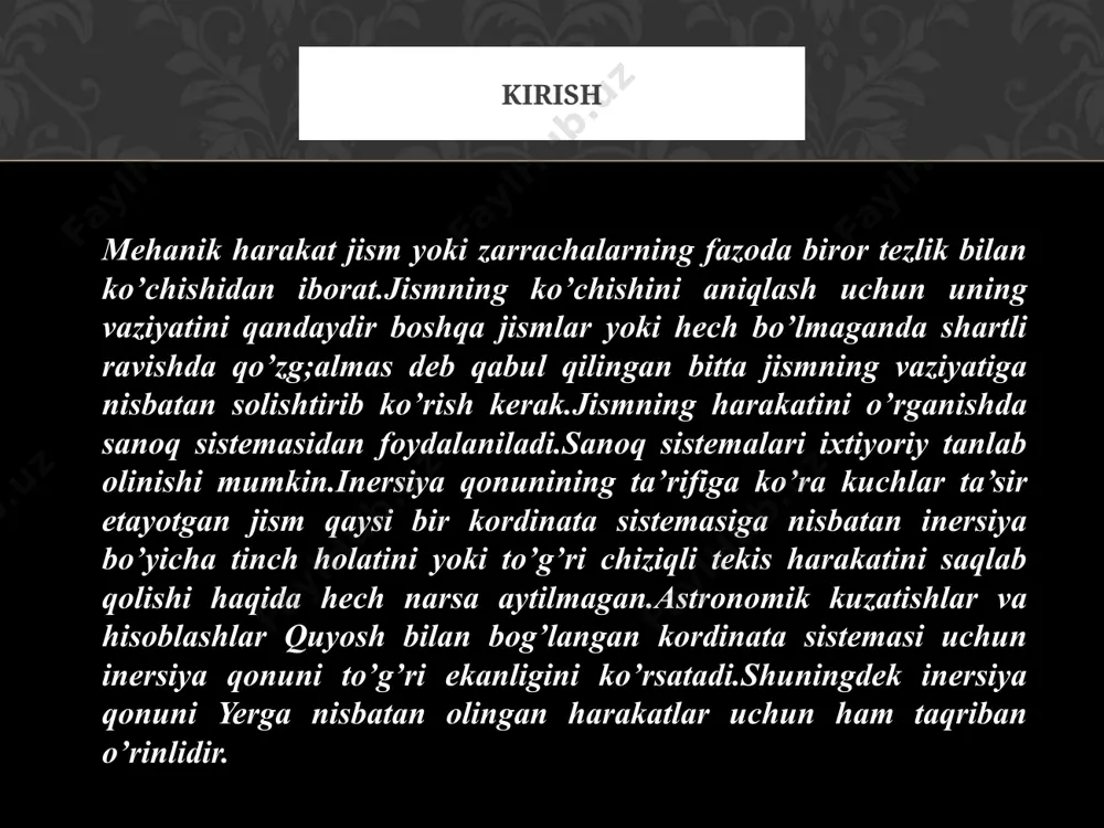 qat noinersial sanoq sistemasida tushuntirish mumkin. misol inersiya kuchlari yer bilan bog‘liq bo‘lgan sanoq sistemasidagi nisbiy harakat fazoning chegaralangan sohasidagi tortishish maydoni mos holda tanlab olingan noinersial sanoq sistemasidagi «inersiya kuchlari maydoniga» fizik jihatdan ekvivalentdir. ekvivalentlik prinsipi image4.jpeg image5.png image6.png image7.png image8.png image9.png image10.png image2.jpeg
