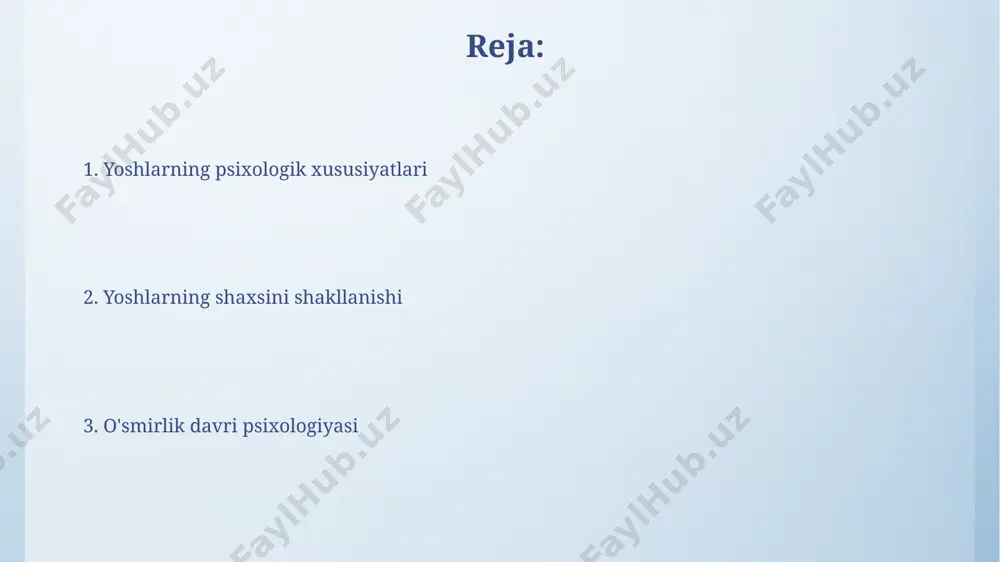 irlarning 85% ga yaqini oʻz identifikatsiyasini shakllantirishda tengdoshlarning fikrlarini inobatga oladi. yoshlarning shaxs xususiyatlari yoshlik davrida o'z-o'zini anglashning shakllanishi 15-25 yosh oralig'ida intensiv ravishda sodir bo'lib, identifikatsiya jarayonlari va ijtimoiy rollarning o'zlashtirilishi bilan bog'liq. o'smirlik davrida impulsivlik va hissiy jihatdan beqarorlik kuzatiladi, bu miyaning prefrontal korteksining yetarli darajada rivojlanmaganligi bilan izohlanadi va xavf-xatarni baholash qobiliyatiga ta'sir qiladi. e'tiboringiz uchun rahmat @taqdimot_robot image4.png image5.jpg image6.jpg image7.jpg image8.jpg image9.jpg image3.jpeg