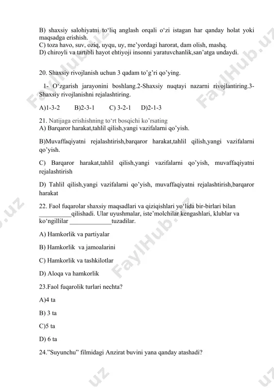 a uzoq davrga mo‘ljallangan maqsadni amalga oshirish yo‘li. 10. “bo‘lur darvoza ichra oshkoro, temur jismiki qilmish paykar oro. erur odamg‘a monand-u mushobih, eshigida temurdin yo qilib zih.!.. a.navoiy o’z satrlarida kelajakni qanday ko`rgan? a)poyezdni b)suv osti qurilmasini c)samalyotni d)aftomobilni 11. – ijodkorlik, ijodiy yondashuv ko‘nikmasidir. a) texnologiya b) kreativlik c) kashfiyot d)motivatsiya 12. pyotr kapitsaning boshqaruvga bergan ta`rifini ko’rsating. a) boshqarish – bu yaxshi xodimlarga ishlashlariga xalaqit qilishdir». b) boshqarish – bu yaxshi xodimlarga ishlashlariga xalaqit qilmaslikdir». c) bor salohiyatlarini namoyon etishlariga xizmat qiladigan shart-sharoit yaratib berishni anglatadi. d) odamlarni boshqarishda o‘zingiz namuna bo‘ling. 13. bu ixtironing nomi finikiyaliklarning «elēkrŏn»,…… deb nomlaganlar, u a) “boshqotirma” b) “yonar tosh” c)”marmar” d)”billur” 14. ……….-(inglizcha –) yangilik kiritish degan ma’noni bildiraradi a) immunitet b) innovatsiya c) tolerantlik d) texnologiya 15. «google» kompaniyasiga 2015 yilda rahbar bo’lgan shaxs kim? a) s.jobs b) sundar pichai c) maykl xart d) ) tomas edison 16.tanqidiy fikrlaydigan insonga …