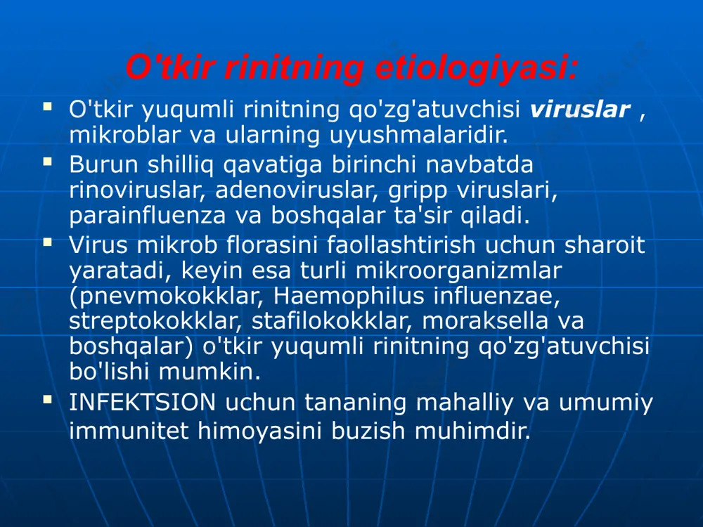 (burun tomchilari) bilan bioparox yoki polydex spreyi ; turli vazokonstriktor burun tomchilari (naftizin, sanorin, galazolin va boshqalar); burunning ikkala yarmiga inhaliyalar shaklida irs-19 spreyi ; - tomchilar yoki planshetlarda sinupret - og'iz orqali; - og'iz siropi yoki erespal tabletkalari ( prostaglandin inhibitori, shilliq qavat faoliyatini tartibga soladi); - fizioterapevtik muolajalarni davom ettirish: mikroto'lqinli terapiya, uhf va ultrabinafsha nurlanish, lazer va magnit terapiya - burunda mahalliy . o'tkir rinitni davolash ( iii bosqich ): o'tkir rinitning uchinchi bosqichida : — biriktiruvchi va mikroblarga qarshi preparatlar - kollargol yoki protargolning 3-5% eritmasi, albucidning 20% eritmasi; - irs-19 purkagich; — fizioterapevtik muolajalarni davom ettirish; - multivitaminlar buyuriladi, amiksin 0,06 og'iz orqali, oddiy inson immunoglobulini (har bir mushak uchun bir marta 3 ml). adabiyot tibbiyot maktablari va kollejlari talabalari uchun "quloq, burun va tomoq kasalliklari" darsligi (v.t.palchun , 2010) tibbiyot oliy o'quv yurtlari talabalari uchun "otorinolaringologiya" darsligi (moskva, 2011 yil). “otorinolaringologiya” soldatov i.b. google …