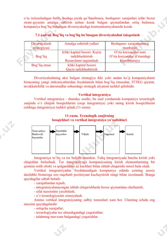 rategiyasi ichki kapitallar bozori strategiyasi turlaridan biridir. ular urtasidagi farq korporatsiyaning o’rta korxonalar faoliyatiga aralashuv darajasidadir. qayta tarkibla-nadigan korxonalar odatda tashkil qilish va rivojlantirish jarayonida yomon boshqarilgan buladi. maqsad ularga uz faoliyatini faollashtirishda yordam berish, o’rta korxonalar darajasida yangi strategiyalarni rivojlan-tirish va kompaniyaga yangi moliyaviy va texnologik resurslarni kiritishdan iboratdir. resurslarni qayta taqsimlash yuli bilan amalga oshiriladigan diver-siyalashni mavjud va yangi urta korxonalarning bir yoki bir necha muhim funktsiyalari uxshash bulgan hollarda amalga oshirish mumkin. resurslarni qayta taqsimlashdan maqsad kompaniya faoliyatidagi umumiy ishlab chiqarish, taqsimot kanallari, ilgari surish vositalari, ittki va shu kabilardan foydalanishda sinergizmni amalga oshirishdir. shunday qilib, har bir urta korxonalarga ushbu masala mustaqil hal qilingandan kura kamroq xarajatlar talab qilinadi. kompaniya faoliyatini diversiyalashda bunday kompaniyani boshqarish qiymatini ham hisobga olish talab qilinadi. ushbu xarajatlar urta korxonalar soni va ular urtasidagi koordinatsiya zarurati bilan aniqla-nadi. masalan, ma’lum bir sinergizm mavjud bo’lgan 12 ta o’rta korxonadan iborat kompaniyadagi boshqarish …