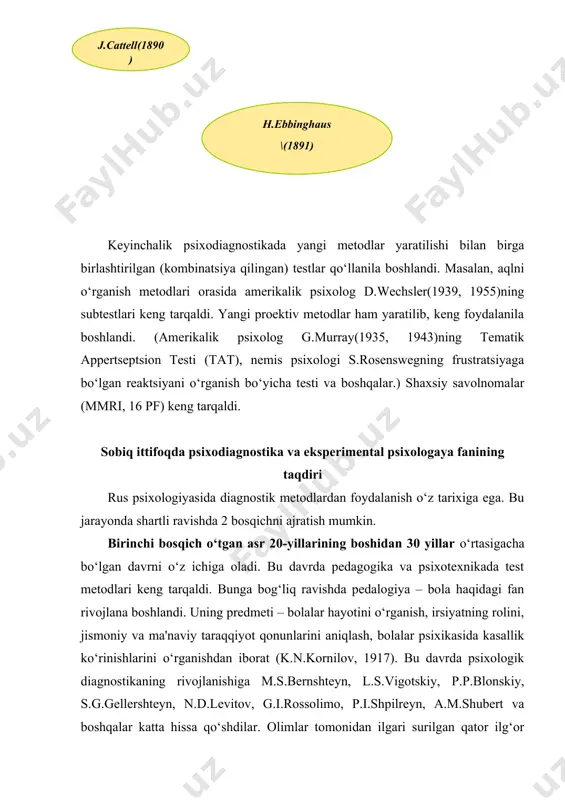 larga to‘g‘ri keladi. bu davrda aqliy taraqqiyotni o‘rganishga katta e'tibor berildi. jumladan, a.a.lyublinskaya tadqiqotlarida nutq va uning funktsiyalarining rivojlanish xususiyatlari o‘rganilgan. a.r.luriya rahbarligida faoliyatni boshqarishda nutqning roli o‘rganildi. a.n.leont'ev va a.v.zaporojets rahbarligida asosiy psixik jarayonlarning rivojlanishida faoliyatning roli o‘rganilgan. d.b.elkonin rahbarligida nutqning rivojlanishi va bog‘cha davrida o‘yinning etakchi faoliyat turi sifatidagi roli aniqlandi. bu tadqiqotlardan olingan natijalar bolalar uchun ta'lim va tarbiya dasturlarini tuzishda asos bo‘lib xizmat qildi. rus psixologlari tomonidan ishlab chiqilgan aqliy taraqqiyotni sifatiy tahlil qilish tamoyili qator vazifalarni hal qilishda o‘z mahsuldorligini namoyon qildi va ko‘pgina tadqiqotlarda o‘z aksini topdi (z.i.kalmikova, 1975, 1982; g.a.vardanyan, 1979; l.a.venger, 1974; k.m.gurevich, 1980; v.i.voytko, yu.z.gilbux, 1981; d.b.elkonin, 1982; v.v.stolin, a.g.shmelev, 1987; l.f.burlachuk, s.m.morozov, 1989 va boshqalar). psixologik diagnostikaning kichik amaliy yo‘nalishi u yoki bu hodisalarni bilishga va tavsiflashga qaratilgan. b.g.ananev (1968) psixologik diagnostikani psixologik tadqiqotlarga qaratilgan yo‘nalish, deb ta'riflaydi, uning maqsadi, psixofiziologik funktsiyalar, jarayonlar va shaxs xususiyatlari rivojlanish darajasini aniqlash, turli …