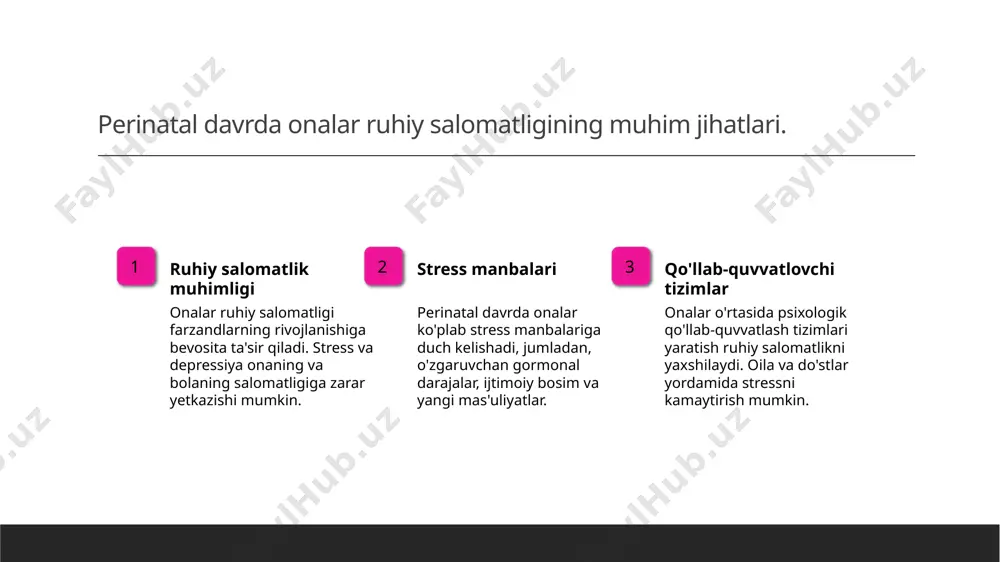 armoq mahalla va do'stlar bilan mustahkam ijtimoiy tarmoq yaratish, onalarning stress darajasini pasaytirib, ruhiy barqarorlikni ta'minlaydi. psixologik yordam professional psixologlar tomonidan taqdim etiladigan maslahatlar va qo'llab-quvvatlash, onalarning ruhiy salomatligini yaxshilashda muhim ahamiyatga ega. resurslardan foydalanish onalarga mo'ljallangan resurslar, masalan, seminarlar va treninglar, ruhiy salomatlikni mustahkamlash va qo'llab-quvvatlash tizimini rivojlantirishga xizmat qiladi. madaniyat va onalar farovonligi: ruhiy salomatlik va ijtimoiy qo'llab-quvvatlash. 1 madaniyat va ruhiyat o'zbek madaniyatida onalarning ruhiy salomatligi an'anaviy qadriyatlar bilan bog'liq. madaniyat, onalarning stress va farovonlik darajasiga katta ta'sir ko'rsatadi. 2 ijtimoiy qo'llab-quvvatlash onalar uchun ijtimoiy qo'llab-quvvatlash tizimi, yaqinlar va jamiyat tomonidan taqdim etilgan yordam, ruhiy salomatlikni yaxshilashda muhim rol o'ynaydi. 3 farovonlik uchun muhim onalar farovonligi, sog'lom bolalar tug'dirish va tarbiyalash uchun zarurdir. ruhiy salomatlikni saqlash, oila va jamiyatning umumiy rivojlanishiga hissa qo'shadi. o'zbek madaniyatida onalik: an'analar va zamonaviy talablarga javob. 1 o'zbek onalik an'analari o'zbek madaniyatida onalik an'analari ona va bola o'rtasida kuchli aloqani ta'minlaydi, bu …