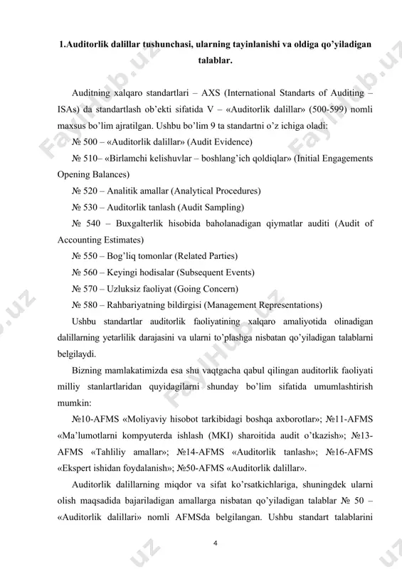 jarayonida tekshirilayotgan mijoz – korxona va uchinchi shaxslardan olingan axborotlar hamda ularni tahlil qilish natijalari bo’lib, moliyaviy hisobotning ishonchliligi to’g’risida auditorlik xulosasi tuzish imkonini beradi. ushbu ta’rif va tavsiflardagi tayanch tushunchalarni batafsil ko’rib chiqamiz. dalil deyilganda boshqa faktning mavjudligini tasdiqlaydigan yoki inkor qiladigan fakt, yoki mazkur fakt haqida u yoki bu darajadagi ishonchlilik bilan fikr shakllantirishga imkon beradigan, ma’lum fakt to’g’risida ma’lumotlar olish jarayoni tushuniladi. axborot – xo’jalik faoliyatidagi faktlar to’g’risidagi xabarlar to’plamidir. mijoz korxona – auditorlik xizmati ko’rsatilayotgan xo’jalik yurituvchi subekt. uchinchi shaxslar – auditor yoki mijoz korxona bilan u yoki bu tarzda aloqador bo’lgan va bu aloqadorlik auditor fikriga jiddiy ta’sir ko’rsatadigan huquqiy yoki jismoniy shaxslardir. тahlil qilish – bu mijoz korxona buxgalteriya hisobotida faktlarning auditor tomonidan mushohada qilinishi va o’z fikrini shakllantirishi. auditorlik tekshiruvlarining asosiy maqsadi xo’jalik yurituvchi subektlar buxgalteriya hisobotlarining ishonchliligi to’g’risida auditorning mustaqil bildirilgan fikridan iborat. buning uchun auditor hisobotning ishonchliligi yoki uning ishonchliligini rad …