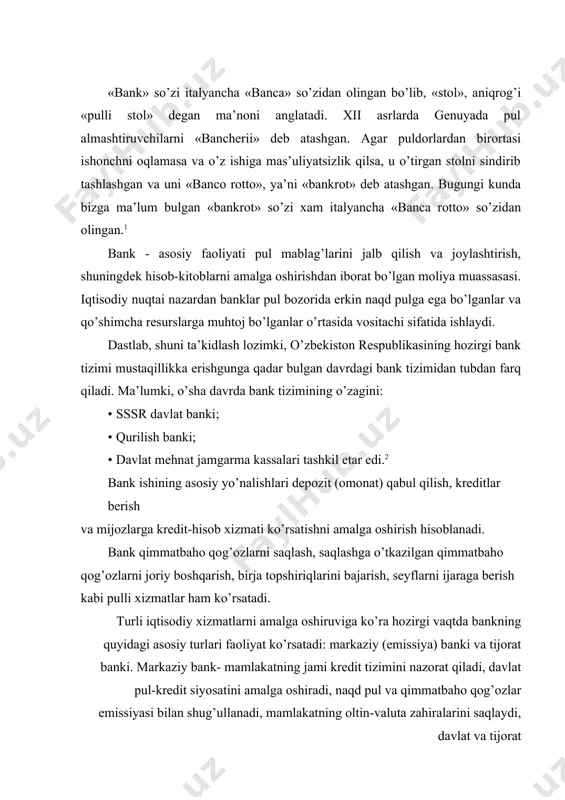 vestitsiyalash uchun foydalanish; ✓ to’lovlarni amalga oshirish. demak, bank - bu pul mablaglarini o’zida mujassamlashtiruvchi va jamg’aruvchi, kredit beruvchi, pul xisobini olib boruvchi, pul va kimmatli qogozlarni emissiya qiluvchi, oltin va chet el valyutalari bilan operatsiyalarni bajaruvchi yirik muassasadir. jahon banki 2022 yil uchun o’zbekistonda yaim o’sishi prognozini 5,3 % gacha yaxshiladi. biroq 2023 yilda o’sish 4,9% bo’lishi tahmin qilinmoqda. shuningdek, maqsadli ijtimoiy himoya dasturlari orqali qashshoqlik darajasi 2023 yilda 14,5% ga, 2024 yilda esa 12,2 % ga tushishi kutilmoqda. ukrainadagi urush oqibatlariga qaramay, 2022 yilda o’zbekiston iqtisodiyoti 5,3% ga o’sishi kutilmoqda. bu jahon bankining navbatdagi hisobotida keltirilgan. unda qayd etilishicha, bu yilgi yangi zarbalar ta’sirini yumshatish zaruratidan kelib chiqib, mamlakatda fiskal siyosat davom ettirilmoqda. amalga oshirilayotgan iqtisodiy islohotlar xususiy sektordagi o’sishni jonlantirishda davom etsa, o’rta muddatli rivojlanish ijobiy ko’rsatkichlarni qayd etishi mumkin, deyiladi hisobotda. o’zbekiston so’nggi yillarga savdo va narxlarni liberalizatsiya qilish bo’yicha bir qator samarali islohotlarni amalga oshirdi. …
