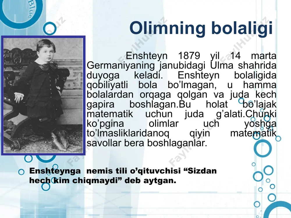 umumiy qiziqishlar tufayli juda ham yaqinlashib ketadi. “men sevimli ayolimga uylanganimda ,biz u bilan ilm bilan shug’ullamiz.”deb yozadi albert milevaga. патентное бюро enshteyn 1903 yil 6-yanvarda 27 yoshli mileve marichga uylanadi va ularning uch nafar farzandlari bo’ladi. 1900 yilda yilda syurix politexnikumini tugalladi. 1902-1909 yillarda bernda patent byuroning eksperti vazifasida ishladi(u yerda unig ishi ilmiy kashfiyotlarga mutaxasis tavsiyasini bergan). shu yillarda eynshteyn maxsus nisbiylik nazariyasini yaratdi, statistik fizika, broun harakati, nurlanish nazariyasi va boshqa sohalarda tadqiqot olib bordi. eynshteynning ishlari shuhrat qozondi va 1909 yilda u syurix universitetining,so’ngra pragada nemis universitetining professori bo’lib ishladi. 1914 yilda eynshteyn berlin universitetiga o’qituvchilikka taklif qilindi. o’zining berlindagi hayoti davrida u umumiy nisbiyliknazariyasini yaratdi, nurla nishning kvant nazariyasinirivojlantirdi. 1905 yil fzika fani tarixiga “mo’jizalar yili” nomi bilan kirdi.shu yili germaniyaning mashhur jurnali enshteynning ikki qonuniyatini ya’ni yorug’lik tezligiga yaqin tezliklar bilan harakatlanuvchi jismlar mexanikasi va elektrodinamikasi - maxsus nisbiylik nazariyasini e’lon qildi va chop …
