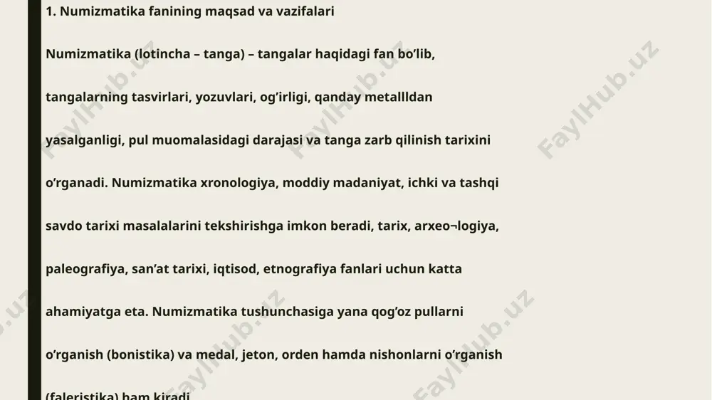 ar. tangada aylana yoki gorizontal, bir yoki bir necha qator shakldagi yozuvlar bo’ladi. nominal – tanganing qadr-qiymati. tanganing birligi – tanganing yasalgan metalll va og’irligi orqali tanganing birligi aniqlanadi. masalan: funt, marka va boshqalar tanganing buzilishi – tanga tarkibidan qimmatbaho metalllning tarkibiy og’irligi namoyishi natijasida tanga sifatini tushishi. ligatura – tanganing tarkibidagi oltin yoki kumushning qimmatbaho bo’lmagan metall qorishmasini aniqlaydi. . o’zbekiston tangalari o’zbekiston hududida dastlabki metalll tangalar mil. av. vi asrda doro i davrida zarb etilgan, og’irligi 8,4 g ni tashkil etgan “darik” deb nomlangan tilla tangalar, deb taxmin qilinadi. mil. av. iii-i asrlarda va undan keyingi davrda zarb etilgan tangalar namunalari hozirgacha saqlanib qolgan. image1.jpeg image2.jpeg image3.jpeg image4.jpeg image5.jpeg image6.jpeg image7.jpeg image8.jpeg image9.jpeg image10.jpeg /docprops/thumbnail.jpeg