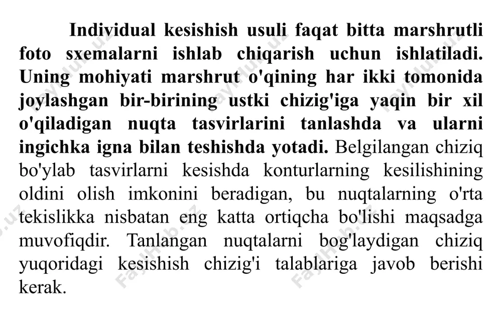chni tayyorlashdan boshlanadi. baza chizilgan qog'oz bilan yopishtirilgan bo'lib, unga koordinata panjarasi va tayanch nuqtalari, trapetsiya ramkasining burchaklari va konvertatsiya nuqtalari qo'llaniladi. keyinchalik, fotografik rejani o'rnatishga tayyorgarlik ko'ring: o'zgartirilgan tasvirlarni tanlang, ularning fotografik va metrik sifatini tekshiring, transformatsiya nuqtalarini aniqlang va diametri 1,0 mm bo'lgan doira shaklida teshik qilinadi. bu teshiklarning markazlari taglikning mos keladigan nuqtalariga to'liq mos kelishi kerak. transformatsiyaning to'g'riligini tekshirish uchun teshiklari markazlashtirilgan teshiklari bo'lgan aerofotograf joylashtiriladi, shunda teshiklar markazlari tayanchning mos keladigan nuqtalaridan 0,5 mm dan oshmasligi kerak (tekis va tepalikli joylar uchun). agar tasvirlar zonalar bo'yicha o'zgartirilsa, tekshirish mos yozuvlar plitasi yordamida amalga oshiriladi, rasmda teshilgan teshiklarning markazlari mos keladigan zonaning nuqtalari bilan tekislanadi. qabul qilinmaydigan tafovutlar bo'lsa, tasvirlar rad etiladi va yana o'zgartiriladi. rasmlarni bitta tekislikda va zonalarda (bir nechta tekisliklarda) fototransformatsiya qilishda fotografik rejalarni o'rnatish texnikasi boshqacha va quyidagilardan iborat. agar yer tekis bo'lsa va fototransformatsiya bitta tekislikda bajarilsa, u holda fotografik rejani …