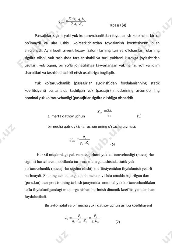 (passajir oboroti)ning butun tashish masofasi davomida avtobus nominal sig‘imidan to‘la foydalanilgandagi transport ishiga nisbati sifatida aniqlanadi. avtobuslar sig‘imidan foydalanishning statik koeffitsiyenti passajirlarning reys davomidagi almashuvini hisobga olmaganligi uchun, amalda bu ko‘rsatkichdan foydalanilmaydi. avtobus saroyi ishini rejalashtirish va tahlil etishda γd ishlatiladi. transport vositasining qatnov masofasi va undan foydalanish. transport vositasining qatnov masofasi deyilganda, uning km larda o‘lchanuvchi bosib o‘tgan yo‘li tushuniladi. avtomobilning ish marshrutidagi harakati ortish-tushurish (passajirni transport vositasiga chiqish va tushish) joylari o‘rtasidagi ayrim qatnovlardan hamda avtomobilning ats va ishlash marshruti orasida harakatidan iborat bo‘ladi. nolinchi qatnov (i0) deyilganda, atsdan to birinchi yuk ortish joyigacha va yuk tashish ishi nixoyasida so‘ngi tushirilgan joydan atsgacha qatnov masofasi tushuniladi. ayni transport jarayoni bilan bog‘liq bo‘lmagan barcha qatnov masofalari nolinchi qatnovlar xisoblanadi. bo‘sh qatnov (ibk) deyilganda avtomobilning yukdan bo‘shatilgandan keyingi yuk ortish joyigacha qatnovi tushuniladi. tashish transport jarayonining ajralmas qismini xisobga olib, marshrutdagi bo‘sh qatnovni shartli ravishda nazariy jihatdan unumli qatnov desa …
