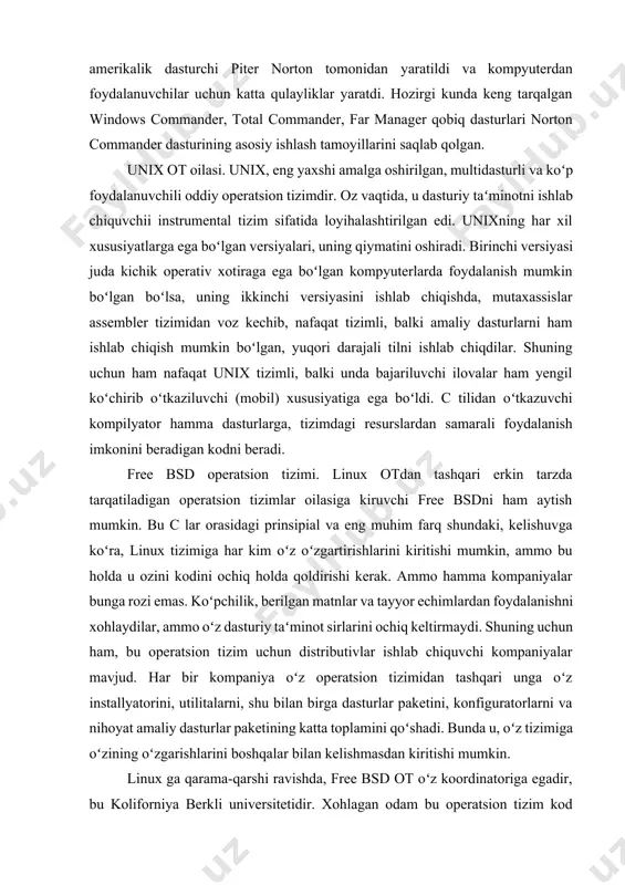 r kompaniya oʻz operatsion tizimidan tashqari unga oʻz installyatorini, utilitalarni, shu bilan birga dasturlar paketini, konfiguratorlarni va nihoyat amaliy dasturlar paketining katta toplamini qoʻshadi. bunda u, oʻz tizimiga oʻzining oʻzgarishlarini boshqalar bilan kelishmasdan kiritishi mumkin. linux ga qarama-qarshi ravishda, free bsd ot oʻz koordinatoriga egadir, bu koliforniya berkli universitetidir. xohlagan odam bu operatsion tizim kod matnlarini oʻrganishi va unga oʻz oʻzgartirishlarini kiritishni taklif etishi mumkin, ammo bu oʻzgarishlar kiritiladigan soʻz emas, hatto oʻzgarishlar foydali bolsa ham. bunga faqat kordinator huquqi bor. shunday qilib, free bsd – bu unix ga oʻxshash operatsion tizim, u ham ochiq kodli, uning yadrosi mikroyadro prinsipida qurilgan. windows oilasiga mansub operatsion tizimlar. birinchi windows tizimi 1985 yil noyabrida yuzaga kelgan, bu vaqtda i80 286 prosessori asosida kompyuterlar keng tarqalgan edi. keyin os/2 ot ishlab chiqildi. windows nt os/2 loyihasidan kelib chiqdi (versiya 3.0). windows operatsion tizimlari faqat ibmga mutanosib shaxsiy kompyuterlarda ishlash uchun yaratilgan. ular boshqa …