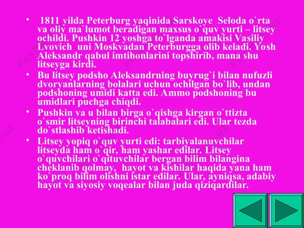 yashirinib olgan edi. pushkin litseyda 6 yil tahsil oldi, 1817-yilda uni tamomlab, chinakam hayot yo`liga kirdi. u shoir bo`lib yetishgan edi. pushkin litseyni bitirgandan so`ng, davlat chinovnigi qilib tayinlandi. lekin yosh shoirni bu xizmat qiziqtirmas edi. uni poytaxtdagi madaniy hayot o`ziga tortdi. u ko`p mutolaa qildi, adabiy jamiyat va to`garaklarda qatnashdi, teatrlarga muntazam ravishda borib turdi va musiqani juda sevdi. pushkin, ayniqsa, ijtimoiy-siyosiy voqealarni diqqat bilan kuzatib bordi. bu yillarda dvoryanlarning krepostnoy zulmga nafrat bilan qarovchi ilg`or qismlari yashirin jamiyatlar tuzib, bu jamiyatlarda podshoga va pomeshchiklarga qarshi qo`zg`olon ko`tarishga tayyorgarlik ko`rdilar. pushkin ularning harakatida bevosita ishtirok etmasa ham, ularning a`zolari bilan juda yaqindan aloqada bo`ldi. u inqilobchi dvoryanlarning otashin kuychisi bo`lib qoldi, qullik kishanlarini parchalab tashlashga qaratilgan, hurriyatparvarlik g`oyalari bilan sug`orilgan «erkinlik» qasidasi (1817), «chadayevga», «ertaklar» (1818), «qishloq» (1819) degan she`rlarini, podsho aleksandr i, uning ministr va amaldorlariga qarshi hajviyalar yaratdi. bu asarlar qo`l yozma holda faqat dvoryanlar o`rtasidagina emas, …