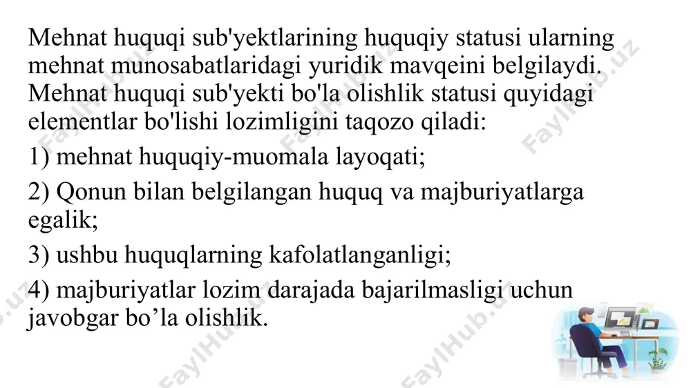 gan hollardagina yo'l qo'yiladi. masalan, o'zbekiston respublikasi jinoyat kodeksining 45-moddasida1 sodir etilgan jinoyat uchun fuqaro muayyan huquqlardan, ya'ni ma'lum kasb, lavozimlarda ishlashiga sud belgilagan muddat davomida yo'l qo'yilmasligi tarzidagi jinoiy jazo nazarda tutilgan. fuqaro mehnat huquqlari doimiy va butunlay cheklanishi mumkin emas hamda doim vaqtinchalik, cheklangan doirada bo'ladi. mehnat munosabatlarining ikkinchi tomoni - ish beruvchilar bo'lib, ular yuridik shaxslardan iborat bo'lishi mumkin. qoidaga ko'ra ko’p hollarda ish beruvchi sifatida yuridik shaxs maqomiga ega bo'lgan korxona, tashkilot, muassasalar, davlatning tegishli organlari ishtirok etadi. ular mehnat huquqining sub'yekti bo'la olishlari uchun zarur hajmda huquq-muomala layoqatiga ega bo'lishlari lozim va ushbu mehnat huquqiy muomala layoqati mazmuni, ya'ni ulaming har birining mehnat huquqi sub'yekti sifatidagi yuridik statusi turlicha bo'lib, qaysi mulkchilik shakliga asoslanishiga, xo'jalik yuritish shakliga, oldiga qo'yilgan ustav maqsadlariga ko'ra o'zaro farq qiladi. amaldagi qonunchilikka ko'ra ish beruvchi korxonaning mehnat huquqi sub'yekti bo'la olish imkoniyati uning rasman tashkil etilishi bilan yuzaga keladi (vakolatli …