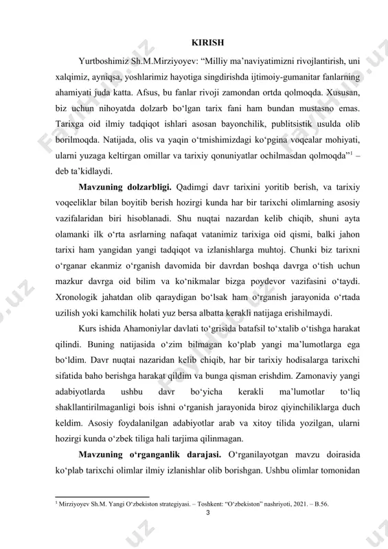i miloddan avvalgi vi-iv asrlarni o‘z ichiga qamrab olgan bo‘lib, tadqiqotda asosan fors ahamoniylari davlatining tashkil topishi, siyosiy jarayonlar, ijtimoiy-iqtisodiy munosabatlari kabi jihatlarining yoritib berilishiga harakat qilindi. ma’lum bir ma’noda adabiyotlar tahlili jarayonida tarixiy mulohaza natijasida bilim ko‘nikmalari shakllantirilib borildi. kurs ishining tuzilishi. kirish, uch bob, xulosa, foydalanilgan manba va adabiyotlar ro‘yxati qismidan iborat. i bob. o‘rta osiyoning ahamoniylar tomonidan bosib olinishi 1.1 ahamoniylarning turon zaminiga bostirib kirishi miloddan avvalgi vi asrda eronda ahamoniylar davlati vujudga kеlgan. bu davlat qariyb ikki yuz yil mobaynida yashagan. uning hududlari misrdan to shimoli-g‘arbiy hindistonga qadar cho‘zilgan edi. ahamoniylar davlatining poytaxti pasargad, persopol, suza shaharlari bo‘lgan. forslarga qadar suzada elamitlar yashaganlar. forslar dastlab faqat janubiy eron hududlarida yashaganlar. so‘ngra ular butun eron hududini egallaganlar. ariylar qabilalari joylashgan yurt kеyinchalik eron dеb atalgan. a.asqarovning ta’kidlashicha, juda qadim zamonlarda eronning forslar egallagan janubiy hududi shumerlar tomonidan nim (baland) dеb yuritilgan, akkadlar esa uni «elamtu» dеb ataganlar. …