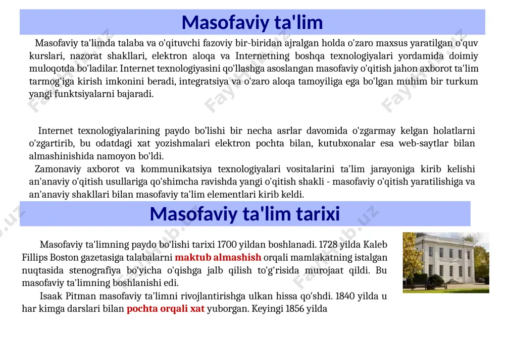 g kashshofi bo'lib, talabalar masofadan turib pochta orqali bilim olishgan deb ishoniladi. bir yil o'tgach, 1874 yilda isaak pitman o'z o'quv dasturini pochta orqali yaratishni taklif qildi. 1892 yilda chikago universiteti birinchi masofaviy ta'lim dasturini yaratdi va bu aqshdagi birinchi masofaviy ta'lim muassasasiga aylandi. 1899 yildan kanadada qirolicha universiteti talabalarga masofadan o'qitishni boshladi. 60-yillarda masofaviy ta'lim xalqaro miqyosda tan olingan va unesco ko'magida faol rivojlana boshladi. 1963 yilda angliya bosh vaziri g.uilson masofaviy ta'limdan foydalangan holda barcha ta'lim muassasalarini birlashtirishi kerak bo'lgan "efir universiteti" yaratilishini e'lon qildi va shu asosda 1969 yilda angliyada birinchi ochiq universitet tashkil etildi. masofaviy ta'lim joriy qilishda foydasi masofali ta'lim rivojlanishi orqali bir qancha iqtisodiy ijtimoiy masalalar yechiladi: · halqning ta'lim olish darajasi oshdi (9%dan 15%ga); · oliy ta'limga olish imkoniyati o’sdi; · oliy ma'lumotga ega bo'lish ehtiyoji oshdi; · yo'nalishlar bo'yicha uzluksiz malaka oshirishni tashkil qilish ortdi. masofaviy tashkil qilish asoslari (didaktika) masofaviy o'qitish …