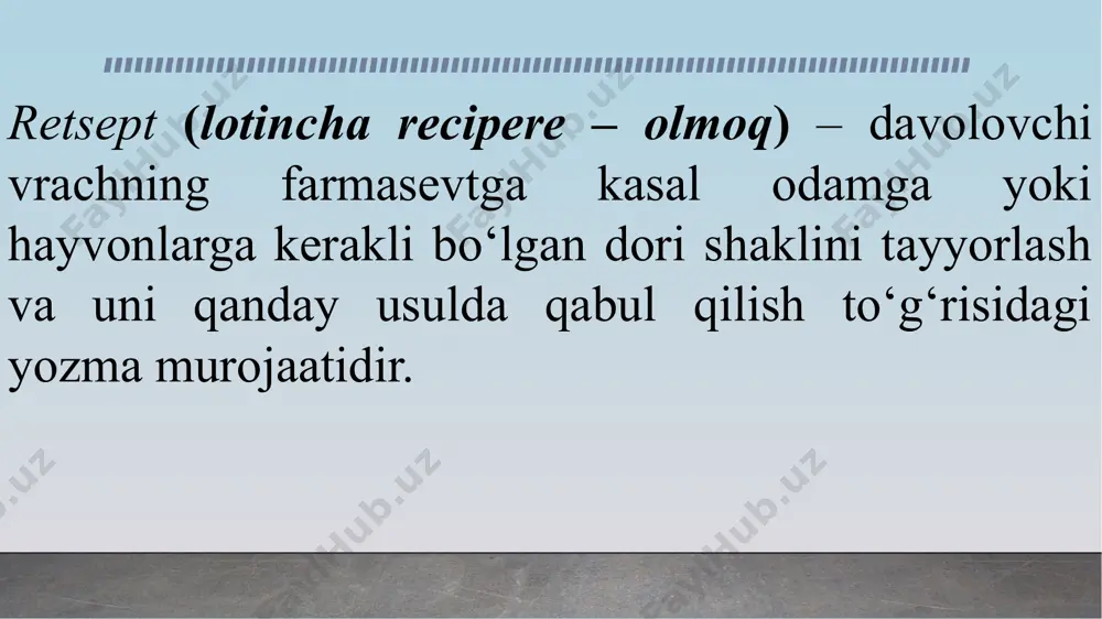 akllari –sanchish (inyeksiya) uchun bo‘lsa ko‘k rangdagi yorliqda (etiketkada), ichga qabul qilish uchun – oq va tashqi tomonga qullanilsa sariq yoki qizil yorliqlarda (etiketka) chiqariladi. retsept davolovchi vrachning imzosi va muxri bilan yakunlanadi. vi. nomen medici bitta blankada zaharli yoki narkotik dori vositalaridan iborat bitta retsept yozish mumkin. oddiy vositalardan iborat retseptlar bo‘lsa bu xolatda bir retseptni ikkinchi retseptdan blankada ajratish uchun # belgi quyiladi. retseptda dori vositalarini tezda tayyorlab berilishi talab etilsa, retsept blankasining yuqori chap burchagiga quyidagi so‘zlar yozib ko‘rsatiladi. cito – tezda, statim – usha vaqtning o‘zida, citissime – zudlik bilan. agar retsept tarkibi a ro‘yxatga kiruvchi zaharli vositalardan tashkil topgan bo‘lsa bu retseptlar yozilgan kunidan boshlab 5 kungacha, uyqu chaqiruvchi va neyroleptik vositalar bo‘lsa 10 kungacha xaqiqiy hisoblanadi va dorixonalardan bir marta olish uchun ruxsat etiladi. qolgan umumiy ta’sir etuvchi vositalardan iborat retseptlar esa yozilgan kundan boshlab 2 oygacha xaqiqiy xisoblanadi. retsept 1 inscriptio qismi korxonaning …