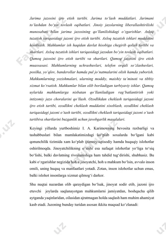 i davlatning rivojlanishiga ham tahdid tug‘dirishi, shubhasiz. bu kabi o‘zgarishlar negizida hoh u jinoyatchi, hoh u mahkum bo‘lsin, avvalo inson omili, uning huquq va manfaatlari yotadi. zotan, inson islohotlar uchun emas, balki islohot insonlarga xizmat qilmog‘i darkor. shu nuqtai nazardan olib qaraydigan bo‘lsak, jinoyat sodir etib, jazoni ijro etuvchi joylarda saqlanayotgan mahkumlarni jamiyatdan, boshqacha qilib aytganda yaqinlaridan, oilasidan ajratmagan holda saqlash ham muhim ahamiyat kasb etadi. jazoning bunday turidan asosan ikkita maqsad ko‘zlanadi: birinchidan, garchi bu shakldagi jazolar mahkumni, to‘g‘rirog‘i, uning sodir etgan qilmishini qoralasa-da, ammo tarbiyaviy xarakterga ega. ikkinchidan, bunda mahkum o‘zining sodir etgan ijtimoiy xavfli qilmishidan pushaymon bo‘lib, tegishli xulosa chiqarib oladi. ingliz qonunchiligi jazoning tushunchasi va uning maqsadlarini o‘z ichiga olmasa ham, jinoyat huquqi nazariyasida bu masalalar mashhur ingliz faylasuflari va huquqshunoslari tadqiqotlarining predmeti bo‘lib kelgan. jazo nimaligi va uning maqsadlarini aniqlashda birinchi qatorda falsafiy xususiyatga ega bo‘lgan masalalar ko‘zga ko‘rinadi. mashhur britaniyalik faylasuf x.xartning fikricha, «jazo …