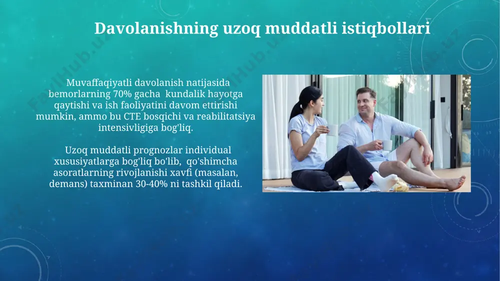 v reabilitatsiya dasturlari, jumladan, 3-5 marta takrorlanadigan mashqlar qo'llaniladi. oilaviy va ijtimoiy qo'llab-quvvatlash oila va jamiyatning qo'llab-quvvatlashi, ayniqsa ctening 3-4 bosqichlarida, bemorlarning 40%ida depressiya va tashvish belgilari kamayishiga olib keladi. ijtimoiy xizmatlarning 2 ta asosiy turi – psixologik maslahat va ijtimoiy-mehnat reabilitatsiyasi ctedan aziyat chekayotganlarning 75%ida hayot sifatini yaxshilaydi. jismoniy reabilitatsiya va tiklanish jismoniy reabilitatsiya ctening 1-bosqichida asosan muvozanatni tiklashga, 2-3 bosqichlarda esa yurish va harakatlanish qobiliyatini yaxshilashga qaratilgan bo'lishi kerak. bemorlarning 70-80% i jismoniy terapiya yordamida mushaklarning kuchini va chidamliligini sezilarli darajada oshirishlari mumkin, bu esa cte alomatlarini kamaytirishga yordam beradi. cte ning dastlabki bosqichlari va yordam dastlabki bosqichlardagi cte alomatlari ko'pincha engil bo'lib, 50% hollarda shifokorga murojaat qilish kechiktiriladi. erta diagnostika va davolash kasallikning rivojlanishini sekinlashtirishda muhim rol o'ynaydi. taxminan 30% cte ga chalingan bemorlarda depressiya va xavotir kuzatiladi. dastlabki bosqichlarda antidepressantlar va anxiolitiklar bilan birga, kognitiv-xulq terapiyasi samarali bo'lishi mumkin. e'tiboringiz uchun rahmat @taqdimot_robot image3.png image4.jpg image5.jpg …