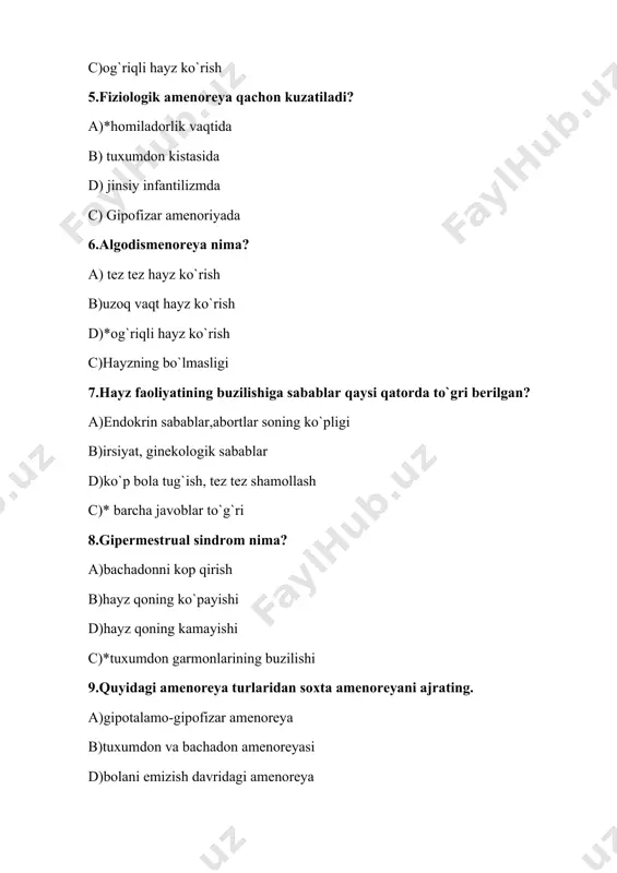analidan qindan surtma 4.surunkali gonoreya aniqlash uchun xotin – qizlar konsultatsiyalarida keng qo`llaniladigan va eng qulay provakatsiya usuli: a)biologic provakatsiya b)*alimentar c)kimyoviy d)mexanik 5.ayollarda trixomonioz kasalligini quyidagi parazitlar keltirip chiqaradi: a)*qin trixomonadasi b)ichak trixomonadasi c) og`iz bo`shlig`i trixomanadasi d)ostritsalar 6.trixomoniozni aniqlashning tez va qulay usuli: a)siydikni mikroskop ostida tekshirish b)qin chiqindilaridan surtma olib, maxsus bo`yoqlarda bo`yab mikroskopiya qilish c)qin orqa gumbazidan maxsus qoshiqcha yordamida surtma olib tekshirish d)*qin chiqindisidan bir tomchi olib , iliq fiziologik eritma bilan aralashtirib, so`ng mikroskopda tekshirish 7.zahm ( sifilis) kasallik qo`zg`atuvchisi: a)*oqish triponema b)gonokokk c)streptokokk d)kox tayoqchasi 8.oits kasalligi qaysi yili topilgan? a)1978 b)1985 c)*1981 d)1977 9. so`zak kasalligi qo`zg`atuvchisi a)stafilakokk b)streptokokk c)ichak tayoqchasi d)*gonokokk 10.oddiy gerpes virusining necha xil turi farqlanadi? a) *2turi b)3 turi c)1 turi d)4 turi mavzu: ayol jinsiy a`zolarining o`sma kasalliklari 1.tuxumdondagi qaysi xil o`smalar retentsion kistalar hisoblanadi? a)*follikula va sariq tanacha shishlari b)tsilioepitelial o`smalar c)psevdomutsionoz o`smalar d)garmon ishlab chiqaruvchi …