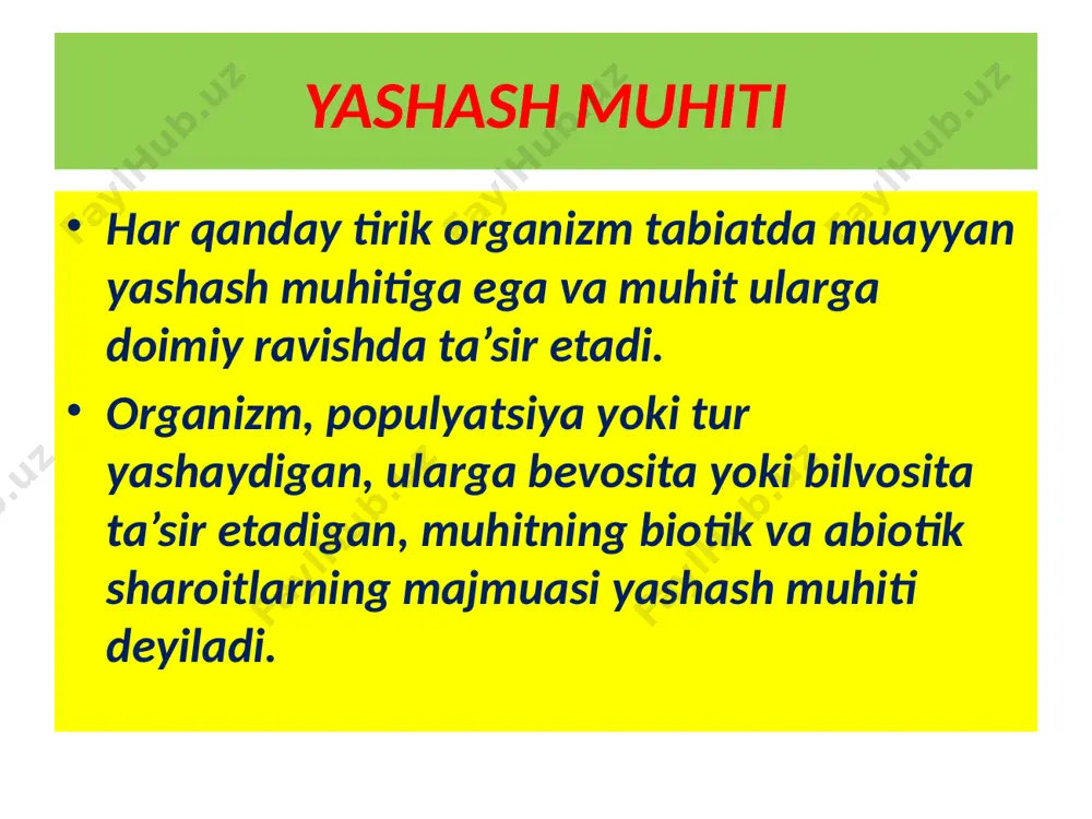 substratga birikish vazifasinigina bajaradi (qo‘g‘a, o‘qbarg). suvda kislorod miqdorining tanqisligiga moslashish mexanizmi sifatida o‘simlik organlarida havo bilan to‘lgan to‘qima – aerenxima rivojlangan. barg yaproqlari yupqa, ba’zi o‘simliklar (suv nilufari, suv yong‘og‘i) barglarining shakli havo va suv muhitida joylashganiga qarab farq qiladi. hayvonlarning suv muhitiga moslanishlari suv muhitining hayvonot dunyosi o‘simliklar dunyosiga nisbatan boy. hayvonlar biri-biridan morfologik, fiziologik va etologik moslanishlari bilan farq qiladi suv muhitida yashovchi hayvonlar uchun yorug’lining ahamiyati yo’q, ular suv tubida ham yashashga moslashgan. suv muhitida yashovchi organizmlar quyidagi guruhlarga bo’linadi plankton yunoncha”planktos”- sayyor, ko’chib yuruvchi nekton yunoncha “nektos”-suzuvchi bentos yunoncha” bentos”- chuqurdagi plankton organizmlar planktonlar – suv qa’rida yashovchi, mustaqil harakatlana olmaydigan va suv oqimi bilan ko‘chib yuruvchi organizmlar hisoblanadi. nekton – suvda faol harakatlanadigan, suv oqimiga qarshilik ko‘rsata oladigan, katta masofalarni suzib o‘ta oladigan organizmlardir. bentos – suv tubida yoki suv tubidagi qum orasida yashovchi organizmlar. e’tiboringiz uchun rahmat image1.jpeg image3.jpeg image4.jpeg image5.jpeg image6.png image7.png …
