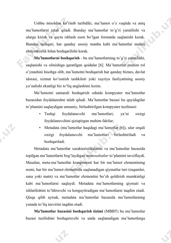 ydi. bitta foydalanuvchi ma’lumotlar bazasi bir vaqtning o’zida faqat bitta foydalanuvchini qo’llab-quvvatlaydi. boshqacha aytganda, agar a foydalanuvchisi ma’lumotlar bazasidan foydalansa, b va c foydalanuvchilari a foydalanuvchisini kutib turishlari kerak. bunga javoban, ko’p foydalanuvchi ma’lumotlar bazasi bir vaqtning o’zida bir nechta foydalanuvchilarni qo’llab-quvvatlaydi. ko’p foydalanuvchi ma’lumotlar bazasi nisbatan kam miqdordagi foydalanuvchilarni (odatda 50 dan kam) qo’llab-quvvatlasa, tashkilotning ishchi guruhi ma’lumotlar bazasi deb ataladi. ma’lumotlar bazasi butun tashkilot tomonidan ishlatilganda va ko’plab bo’limlarda (50 dan ortiq, odatda yuzlab) foydalanuvchilarni qo’llab-quvvatlasa, ma’lumotlar bazasi korxona bazasi deb nomlanadi. joylashuv ma’lumotlar bazasini tasniflash uchun ham ishlatilishi mumkin. masalan, bitta saytda joylashgan ma’lumotlarni qo’llab-quvvatlaydigan ma’lumotlar bazasi markazlashtirilgan ma’lumotlar bazasi deb ataladi. bir nechta turli saytlarda tarqatilgan ma’lumotni qo’llab-quvvatlaydigan ma’lumotlar bazasi taqsimlangan ma’lumotlar bazasi deb ataladi. markazlashtirilgan va markazlashtirilmagan (tarqatilgan) ma’lumotlar bazasi ma’lumotlar bazasini amalga oshirish va boshqarish uchun aniq belgilangan infratuzilma (apparat, operatsion tizimlar, tarmoq texnologiyalari va boshqalar)ni talab qiladi. odatda, infratuzilmaga ma’lumotlar bazasini yaratadigan va …