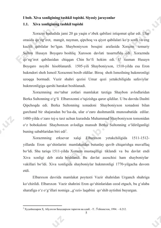 o‘shinlarini mamlakatdan butunlay quvib chiqarishga muvaffaq bo‘ldi. shu tariqa 1511-yiida xorazm mustaqilligi tiklandi va bu davlat endi xiva xonligi deb atala boshlandi. bu davlat asoschisi ham shayboniylar vakillari bo‘ldi. xiva xonligida shayboniylar hukmronligi 1770-yilgacha davom etdi. elbarsxon davrida mamlakat poytaxti vazir shahridan urganch shahriga ko‘chirildi. elbarsxon vazir shahrini eron qo‘shinlaridan ozod etgach, bu g‘alaba sharafiga o‘z o‘g‘illari nomiga ,,g‘ozi» laqabini qo‘shib aytishni buyurgan. elbarsxon davrida dashti qipchoqdan xorazmga ko‘pgina qabilalarning ko‘chib kelishi yanada kuchaydi. natijada xonlik hukmdorlarining ijtimoiy tayanchi mustahkamlandi. bu omil xiva hukmdoriga xonlik hududini qo‘shni davlatlar hisobiga kengaytirib olish imkonini berdi. chunonchi, elbarsxonning 1516-yilgacha bo‘lgan hukmronlik davrida shimoliy xuroson, saraxs, orol va mang‘ishloq egallandi. movarounnahrdagi shayboniylar davlati singari xiya xonligi ham bir qancha katta kichik mulklarga bo‘lingan. xiva xonligining aholisi etnik, madaniy va til jihatdan bir-biridan keskin farq qiluvchi uch guruhga bo‘lingan: 1) qadimiy xorazmliklarning bevosita avlodlari; 2) turkman qabilalari; 3) dashti qipchoqdan xorazmga ko‘chib kelgan qabilalar. ayni …