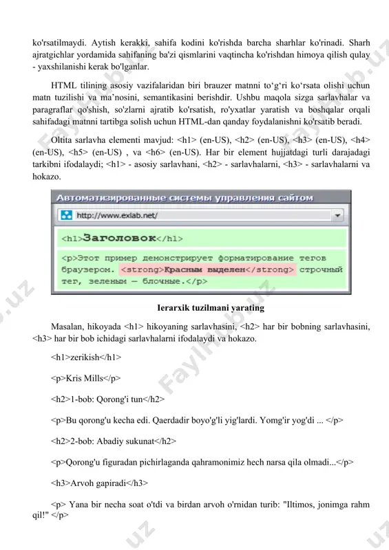 ar yordamida sahifaning ba'zi qismlarini vaqtincha ko'rishdan himoya qilish qulay - yaxshilanishi kerak bo'lganlar. html tilining asosiy vazifalaridan biri brauzer matnni to‘g‘ri ko‘rsata olishi uchun matn tuzilishi va ma’nosini, semantikasini berishdir. ushbu maqola sizga sarlavhalar va paragraflar qo'shish, so'zlarni ajratib ko'rsatish, ro'yxatlar yaratish va boshqalar orqali sahifadagi matnni tartibga solish uchun html-dan qanday foydalanishni ko'rsatib beradi. oltita sarlavha elementi mavjud: (en-us), (en-us), (en-us), (en-us), (en-us) , va (en-us). har bir element hujjatdagi turli darajadagi tarkibni ifodalaydi; - asosiy sarlavhani, - sarlavhalarni, - sarlavhalarni va hokazo. ierarxik tuzilmani yarating masalan, hikoyada hikoyaning sarlavhasini, har bir bobning sarlavhasini, har bir bob ichidagi sarlavhalarni ifodalaydi va hokazo. zerikish kris mills 1-bob: qorong'i tun bu qorong'u kecha edi. qaerdadir boyo'g'li yig'lardi. yomg'ir yog'di ... 2-bob: abadiy sukunat qorong'u figuradan pichirlaganda qahramonimiz hech narsa qila olmadi... arvoh gapiradi yana bir necha soat o'tdi va birdan arvoh o'rnidan turib: "iltimos, jonimga rahm qil!" hammasi sizga bog'liq …