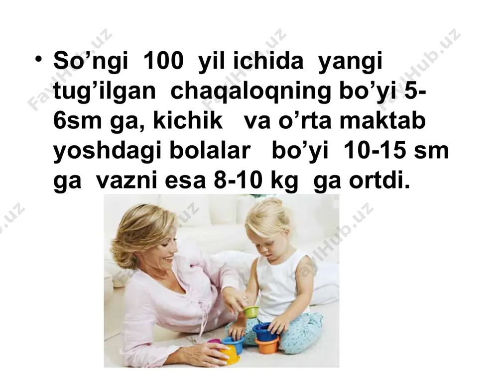 еltirish) yashash soglikni saklash, sport, radio, tеlеvizor, va x.k. www.arxiv.uz www.arxiv.uz katta maktab yosh davri yoki balog’at yosh davri. qizlar uchun 15—18, ug’il bolalar uchun 15—20 yosh. bu davrda jinsiy bezlar kuchaygan buladi, ikkinchi darajali jinsiy belgilar rivojlanadi, tananing buyiga o’sishi va ogirligining ortishi tezlashadi. barcha organ va sistemalarning funktsiyasi takomillashadi. bolaning ruxiy xolati uzgaradi. 9. etuklik davrining birinchi boskichi. ayollar 18-35, yigitlar 20-35 yosh. 10. etuklik davrining ikkinchi boskichi ayollar 35—55 yosh, erkaklar 35—60 yosh. 11. keksalik davri ayollar 55— 74, erkaklar 60— 74 yosh . 12. karilik davri 75—90 yosh (ayollar va erkaklar). 13. uzok yashovchilar davri. 90 yoshdan va undan yukori. bu yoshlik davrlari sxemasi 1965 yilda moskvada yosh davrlariga bagashlangan ilmiy kengashda qabul qilingan. www.arxiv.uz foydalanilgan adabiyotlar xalmatova b.t, karimov m.sh «tibbiyot kasbiga kirish» toshkent arziqulov r. u ".sog'lom turmush tarzi" 2005 jil safarova d. valeologiya t 2006 jil sharipova dd. shoxmurova g a ibrahimxojaev b.u. …